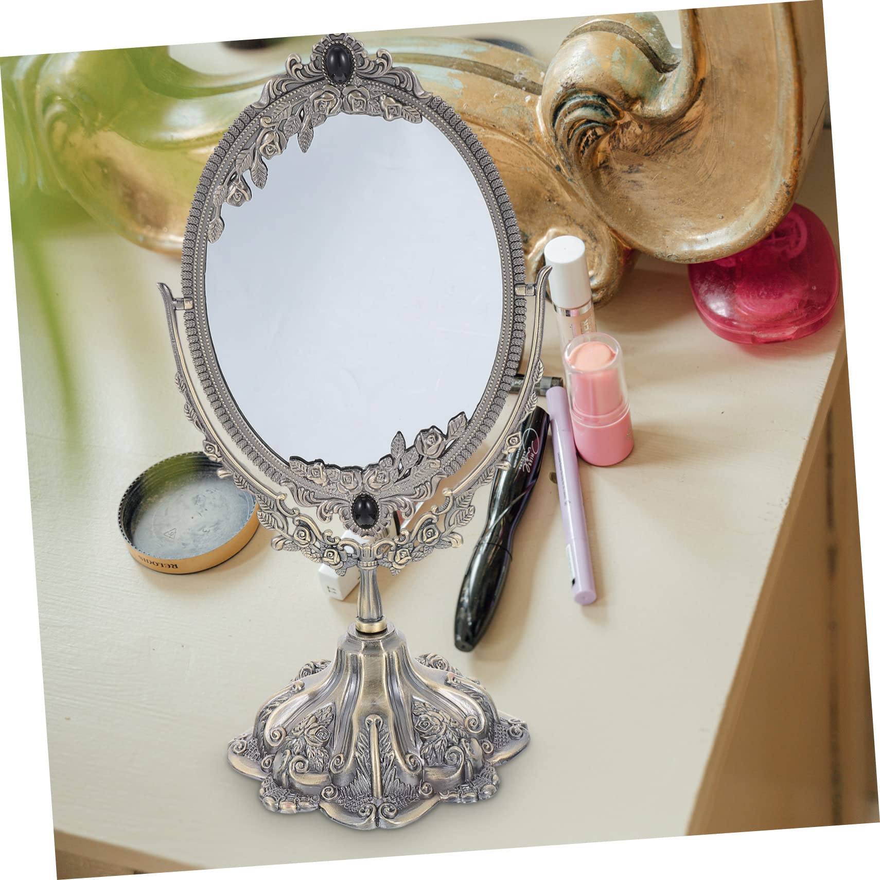 MAGICLULU Doppelseitiger Schminkspiegel aus Zinklegierung im Vintage Stil | Europäisch Gestaltet, Drehbar mit Flachem Sockel, für Make Up und Hochzeit