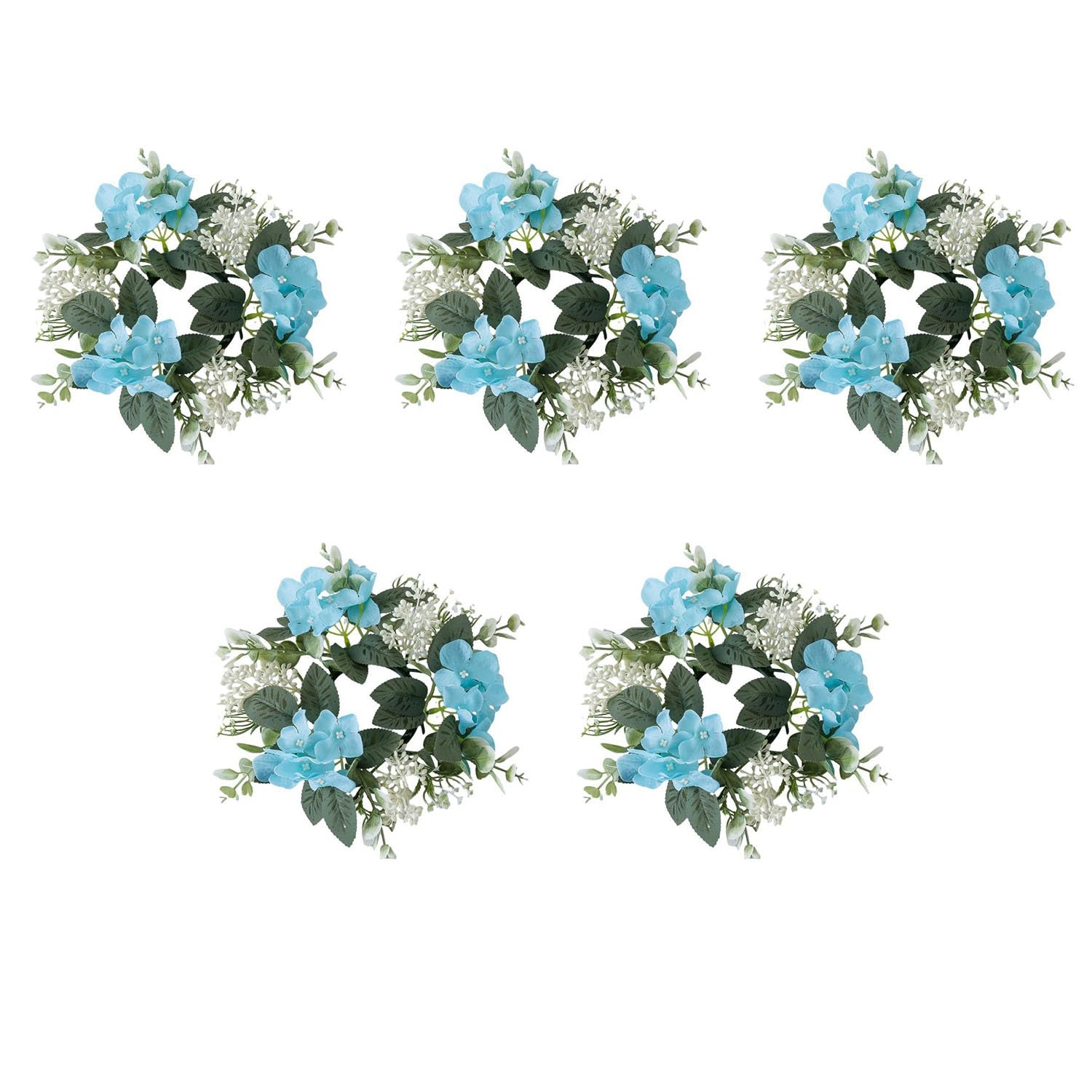 Huilimei 5 Pcs 25 cm Candle Rings Wreaths,Artificial Hydrangea Wreath Candles Wreaths for Pillars Christmas Wedding Home Table Party Decoration (Blue)