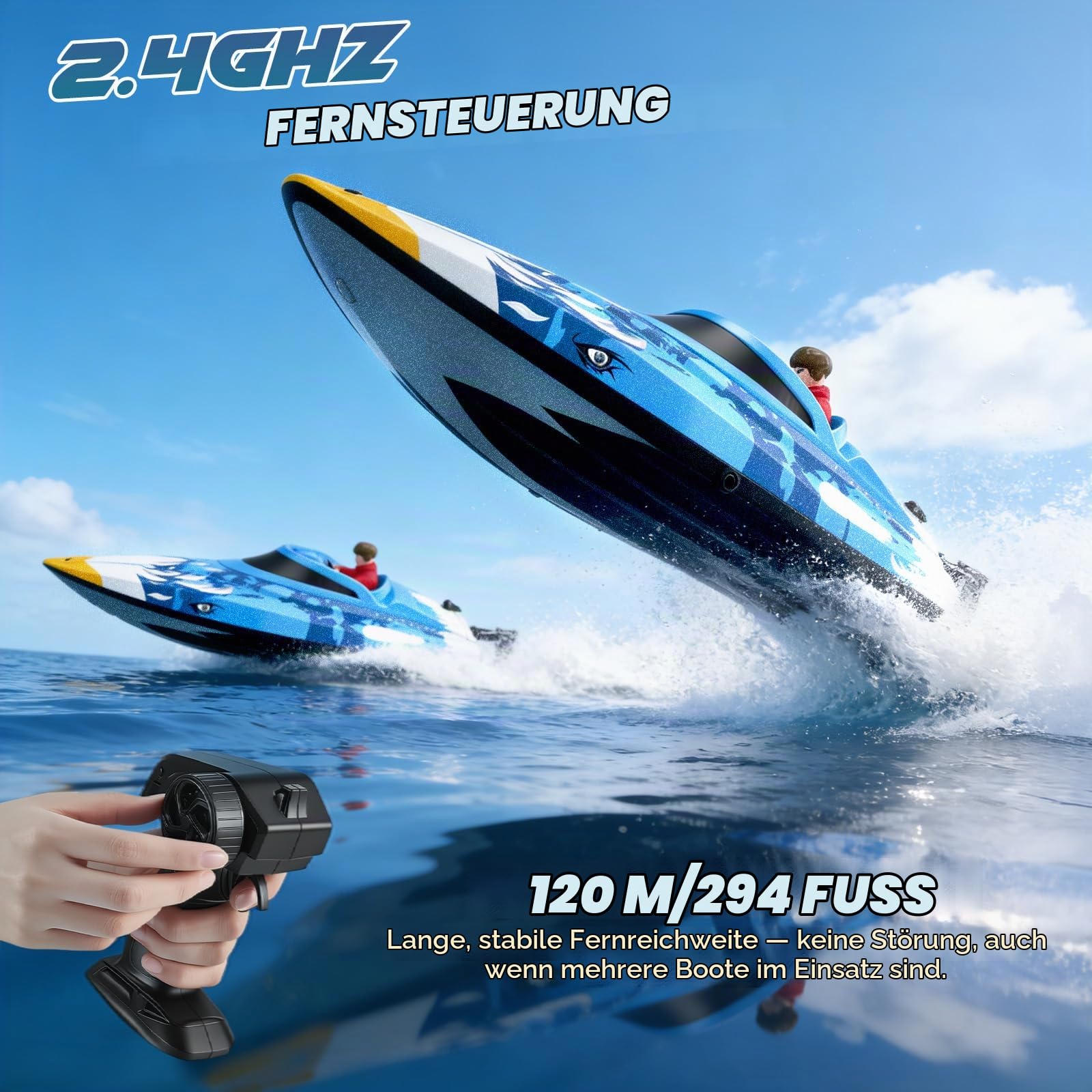 Ferngesteuertes RC Boot 25 km/h - 2,4 GHz Fernsteuerung mit 120m Reichweite - Wasserdichtes Speedboot mit LED & Flip-Funktion - 2 Akkus & Wasserkühlung für Pool See Erwachsene Kinder, Blau + Muster