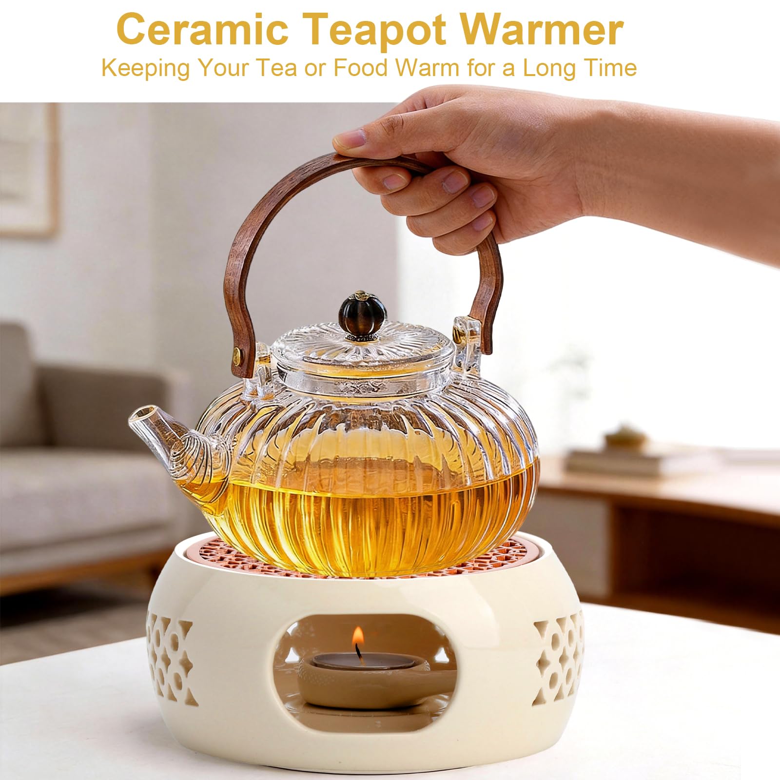 Stövchen für Teekanne, Teewärmer Keramik Stövchen 15cm, Weißes Porzellan Teestövchen, Teekannenwärmer Teestövchen mit 10 Teelichtern, für die Wärmeerhaltung Warmhalten, Kaffee Milch Tee