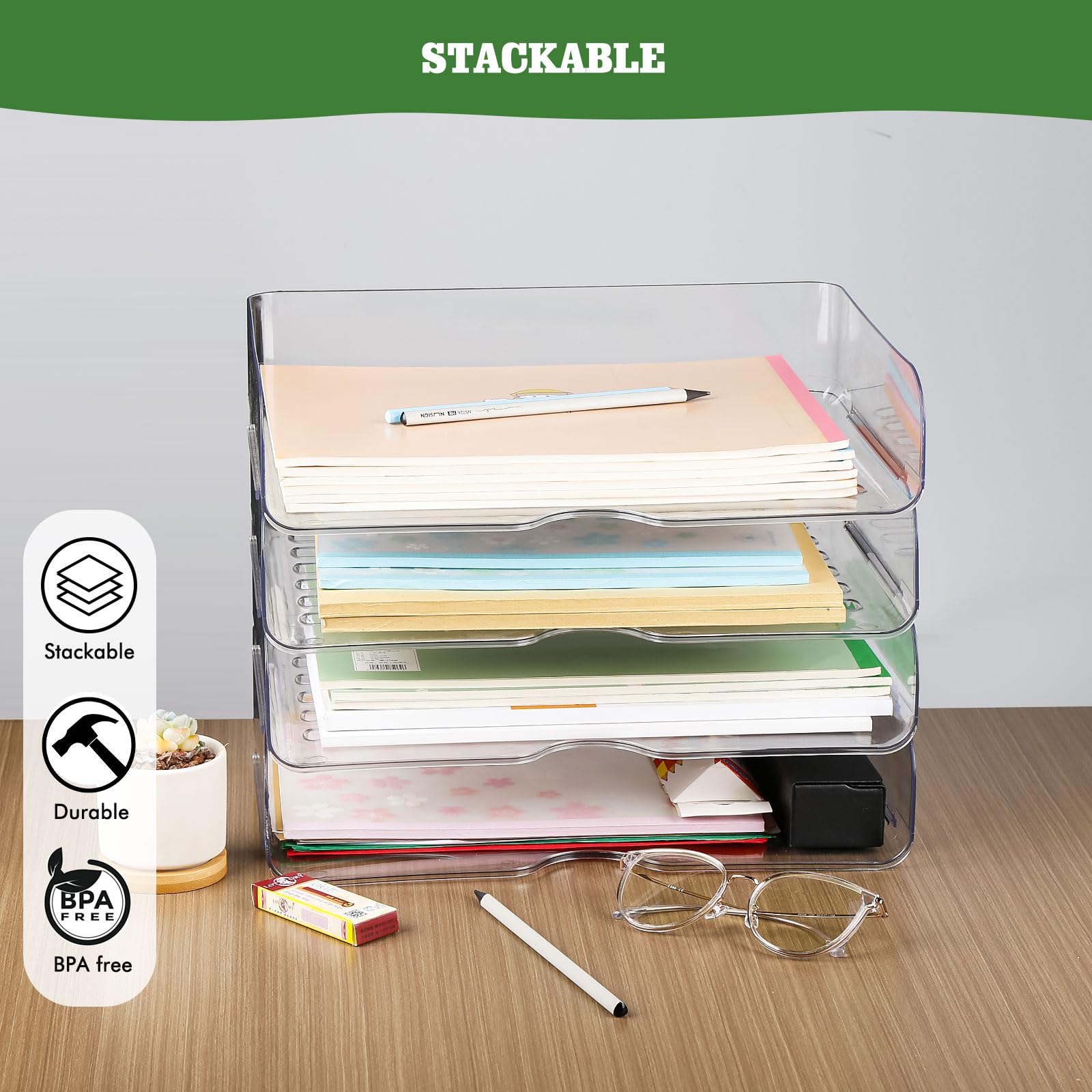 Greentainer Cesta de Almacenamiento de 4 Pisos para A4, Bandeja para Documentos de plástico, apilable, Bandeja para Cartas, Bandeja de Papel A4 para el hogar, Oficina, Escuela (4 Unidades