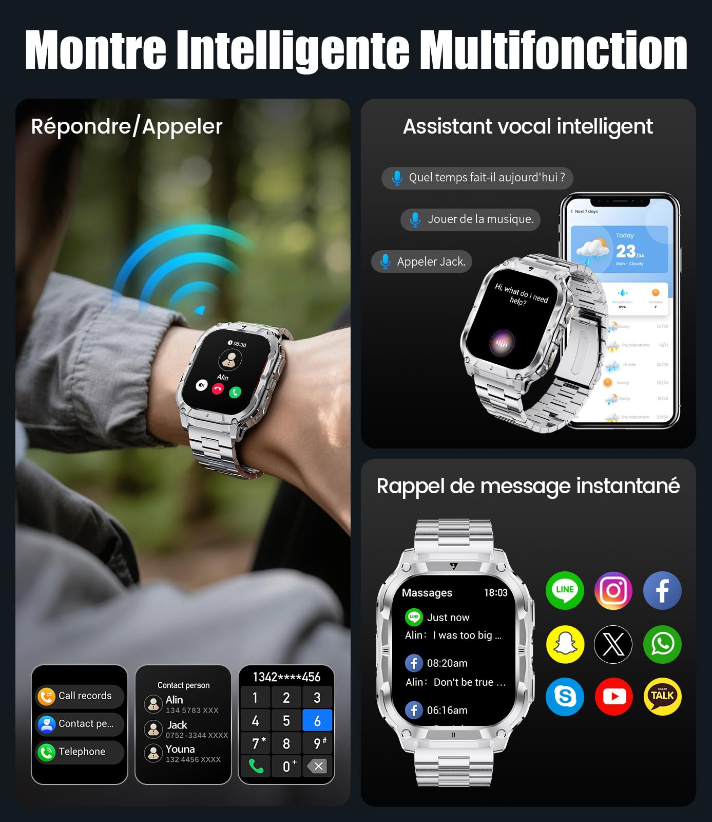 LIGE Montre Connectée Homme avec 1000mAh/2.0'' HD Grand Écran/LED Lampe,Smartwatch Homme avec Moniteur de Fréquence Cardiaque et Sommeil/110+ Modes Sportifs,IP68 Étanche Android iOS,Argenté