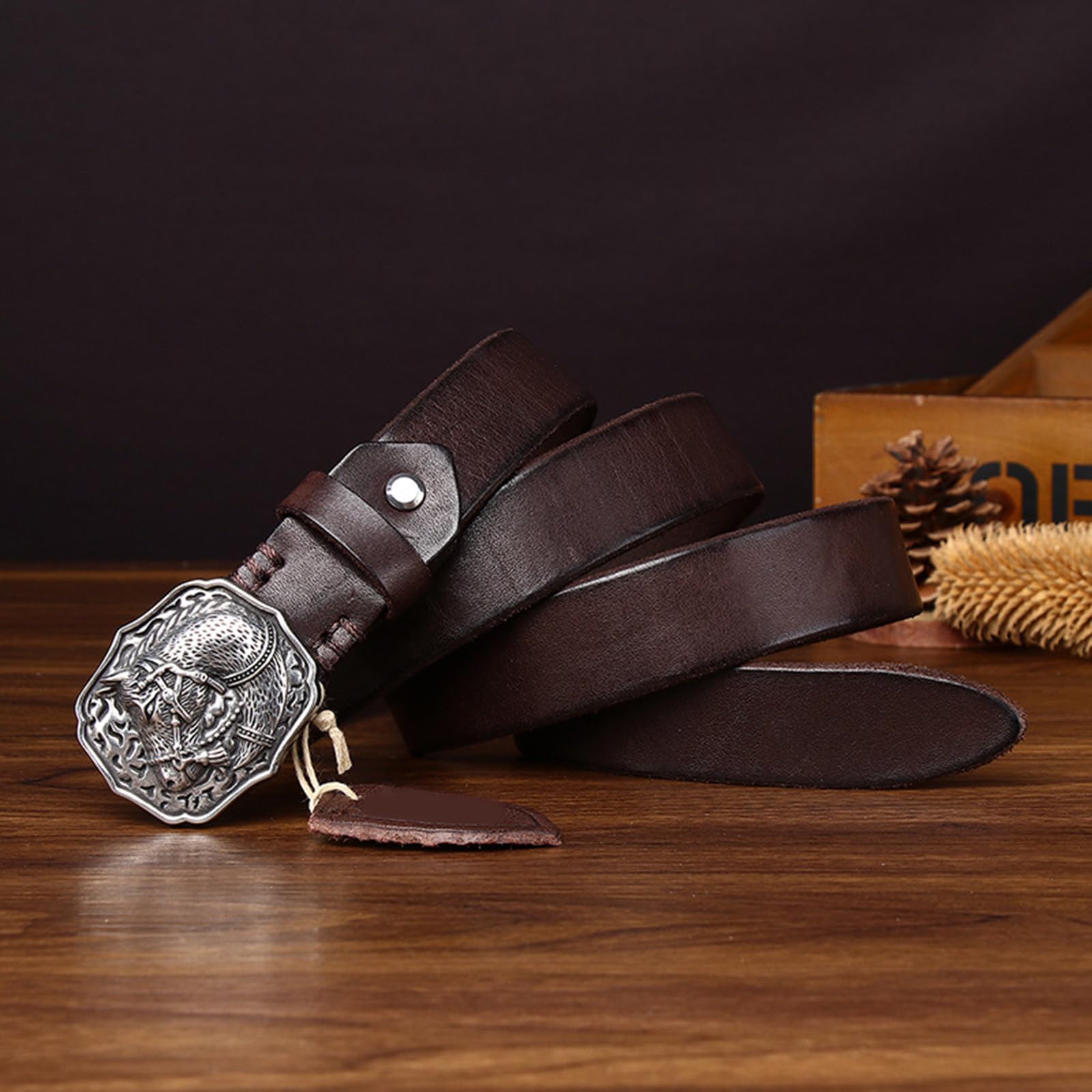Cinturón Occidental Mujeres Hombre, Cinturón De Piel De Vacuno,Cinturón Casual Mujere, Cinturón De Cuero Vaquero con Hebilla Grabada Vintage para Pantalones Vaqueros,Marrón,115CM/45.3''