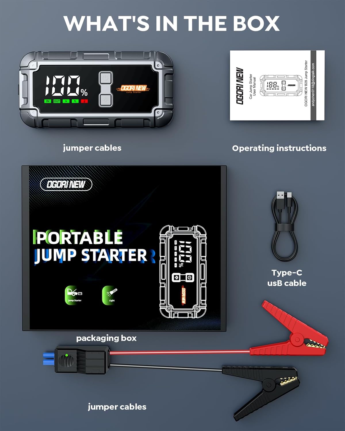 Jump Starter Power Pack, 7000A Car Battery Booster Jump Starter and Jump Pack for 12V Vehicles, OGORI NEW Battery Booster with LCD Screen and Flashlight (10L Gas/8L Diesel)