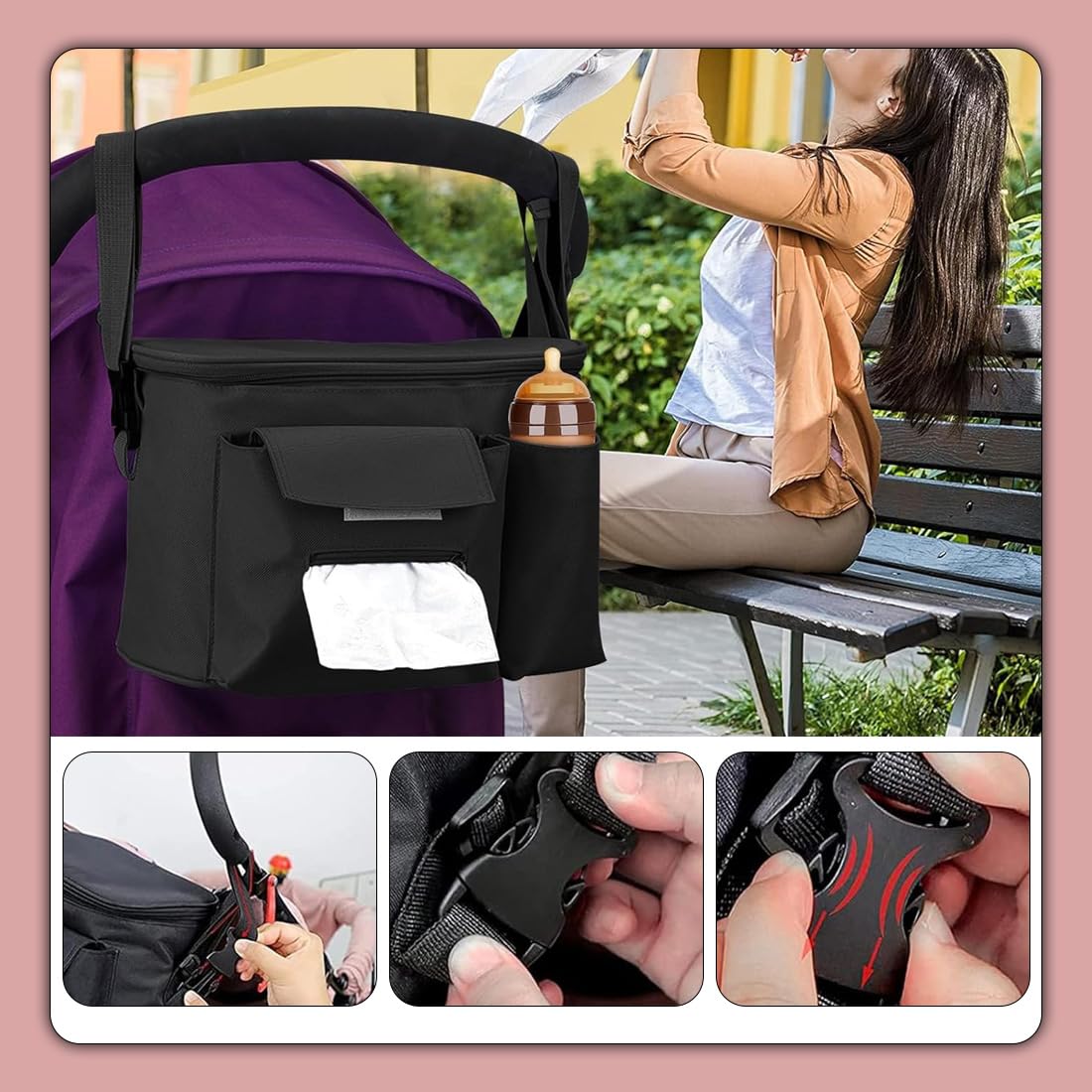 Baby Borsa Passeggino Borsa Organizer, Borsa multifunzione per neonati, con Portaoggetti per Biberoni, Pannolini, (Nero)