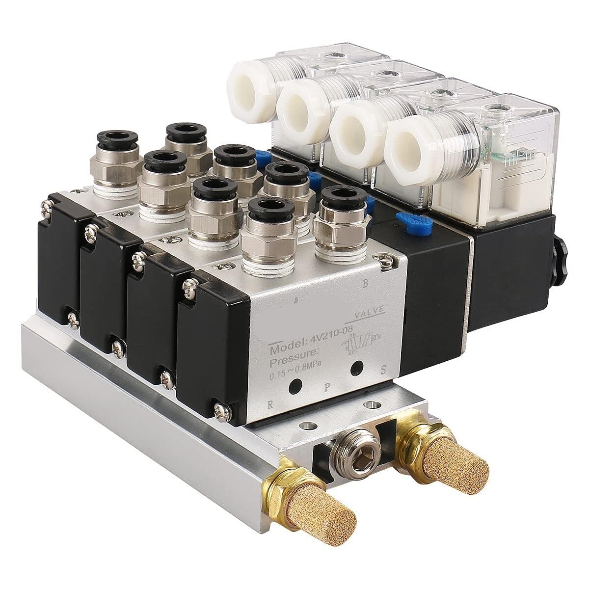Lot de 4 électrovannes intégrées 4V210-08 DC 24 V Tête unique 2 positions 5 voies avec silencieux de base