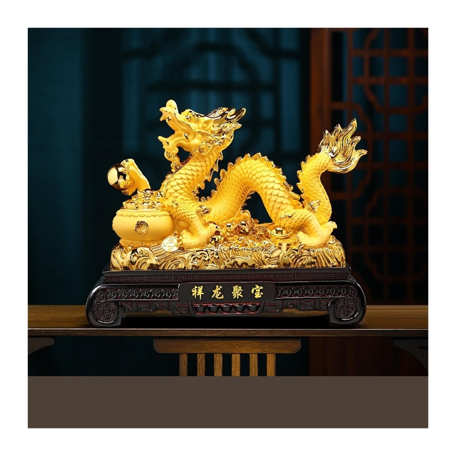 Dragon chinois Fengshui en résine dorée pour décoration de table et bureau