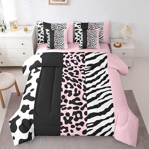 Pink Patchwork 7 Pieces Bedding Set Twin Size,Cheetah Cow Zebra Print Bed in a B