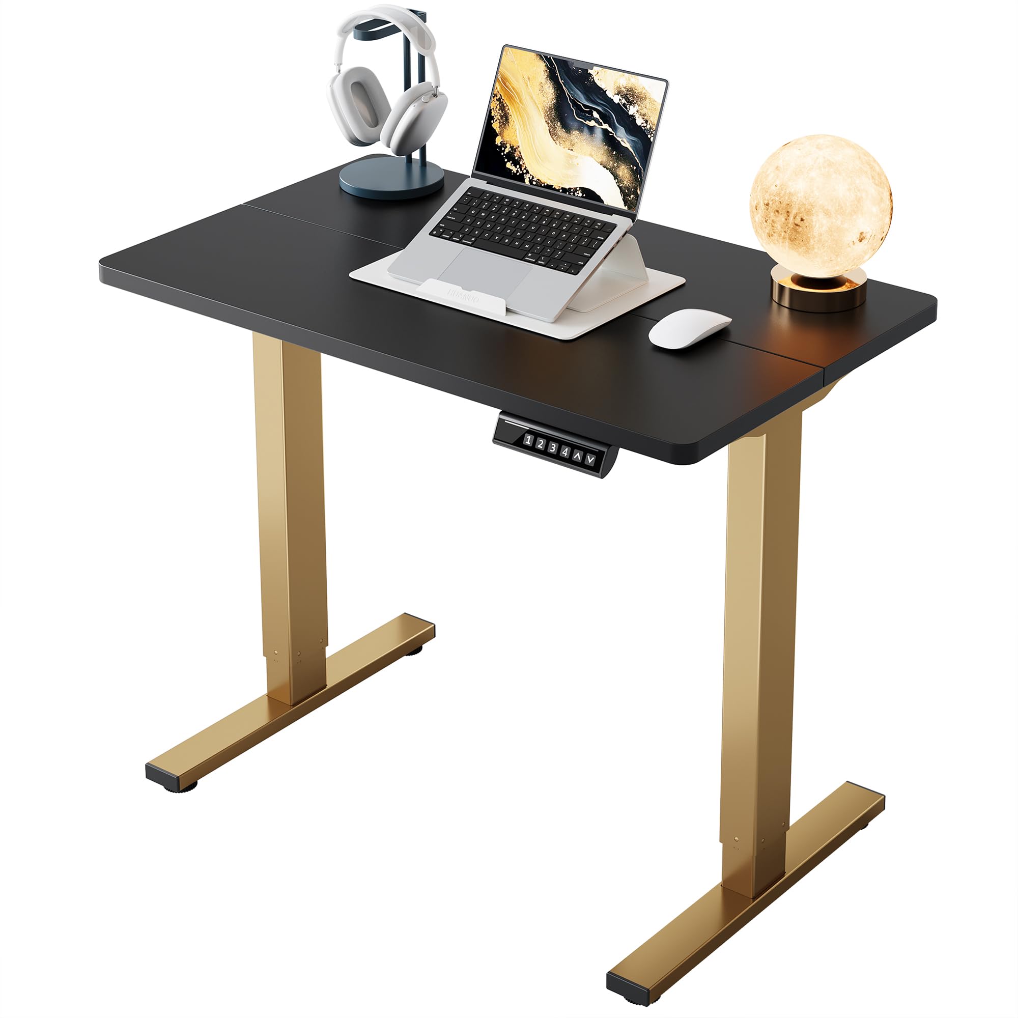 HUANUO 32" Small Electric Standing Desk Adjustable Height, 4 Memory Height Settings, Sit Stand Up Desk for Home Office &amp; Computer Workstation, Black and Gold Frame