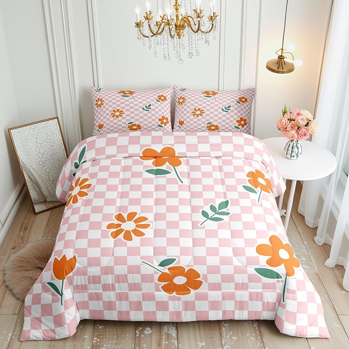 Cartoon Daisy Flowers Kids Comforter Set Twin Size,Geometric Plaid Grid Patchwork Bedding Set,Girls Women Room Decor,Checkerboard Latticed Checkered Down Comforter,Pink Duvet Insert,1 Pillowcase