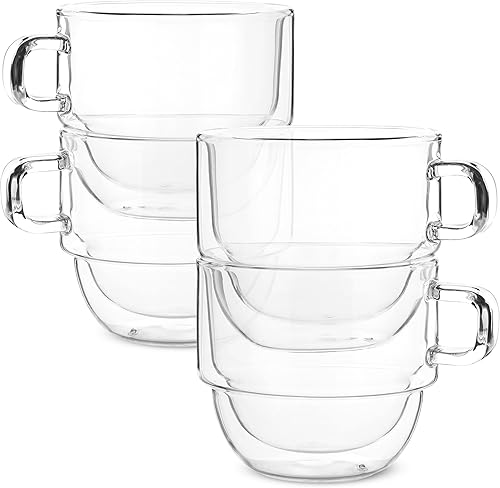 Miniatura 10 de BTAT - Tazas de café de vidrio apilables de doble pared, 12 onzas, juego de 4, tazas de café de vidrio con asa, taza de café transparente aislada