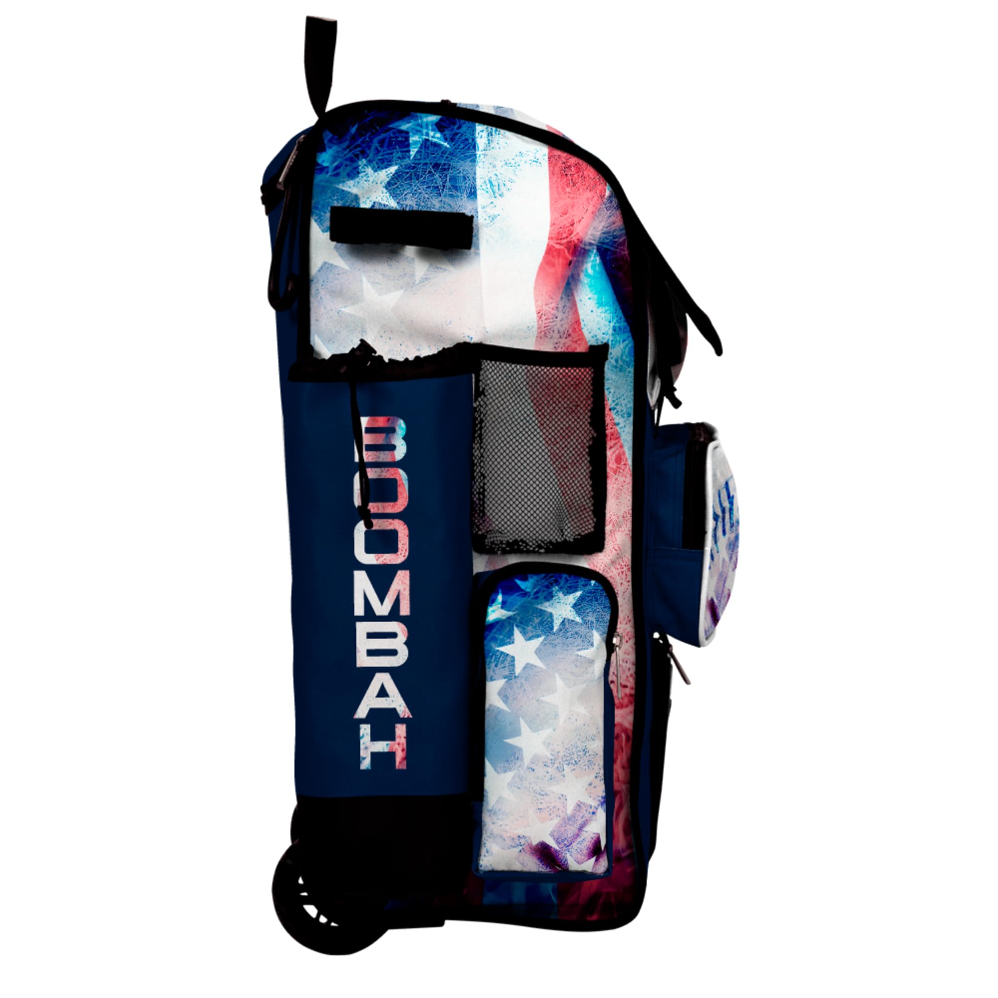 Boombah Rolling Superpack Baseball/Softball Gear Bag - Telescopic Handle - Holds 4 Bats - Wheeled Version - USA Baseball Flag White/Royal Blue/Red