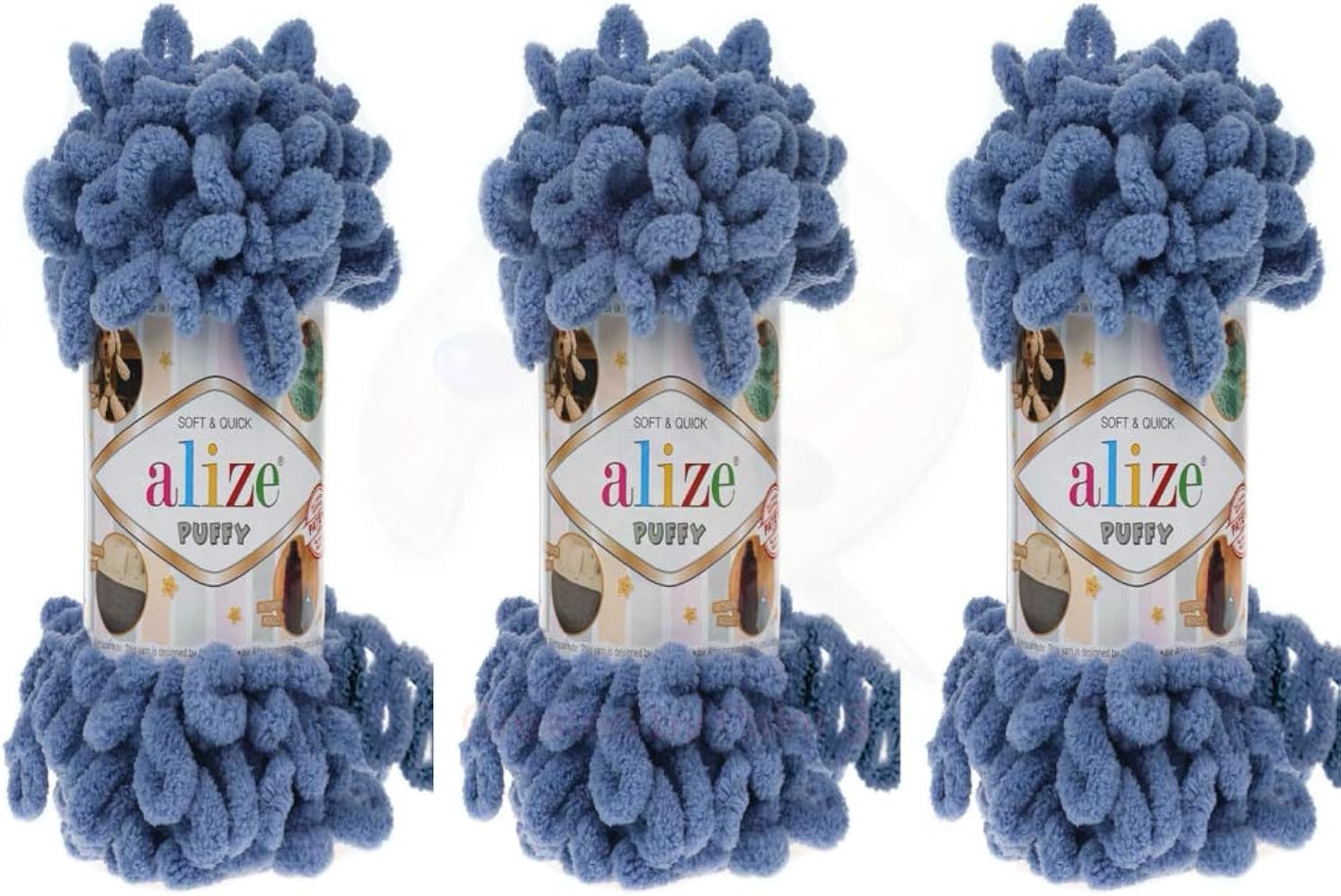 Alize Puffy Baby Blanket Lot of 3 - 300gr, 30yds, 100% Micropolyester Soft, Super Chunky Bulky Worested Yarn (Blue)