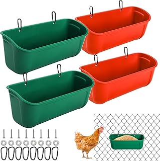 Cedilis 4 Pack Hanging Duck Feeder, Chicken Fence Feed Trough with Clips, Poultry Livestock Food Water Feeding Container for Goat, Goose, Rabbits, Sheep, Each Feeder 2.5 Quarts