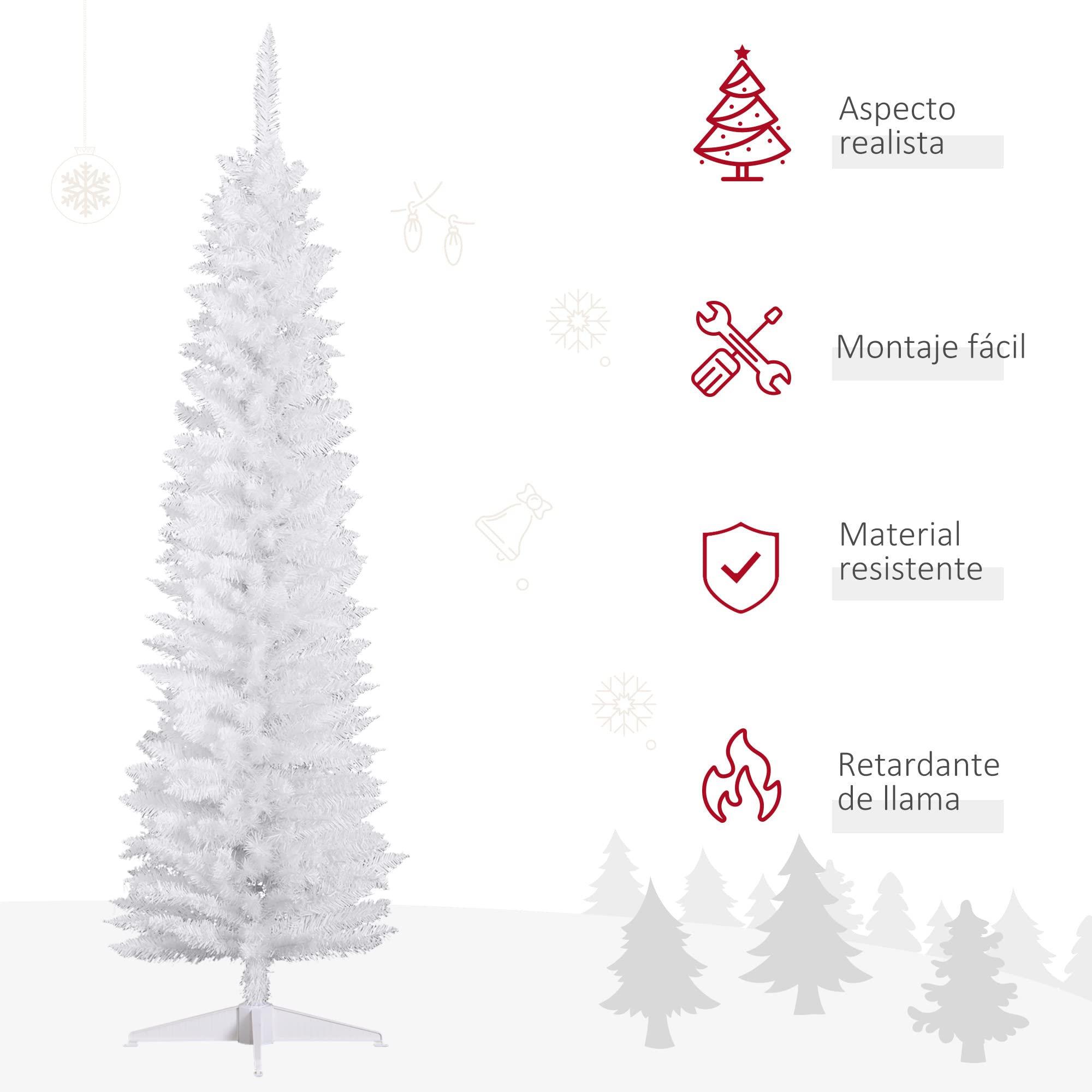 HOMCOM Árbol de Navidad Estrecho 180 cm, Árbol Artificial con 390 Ramas, Base de Plástico Desmontable, Fácil Montaje, para Salón Interior, Blanco