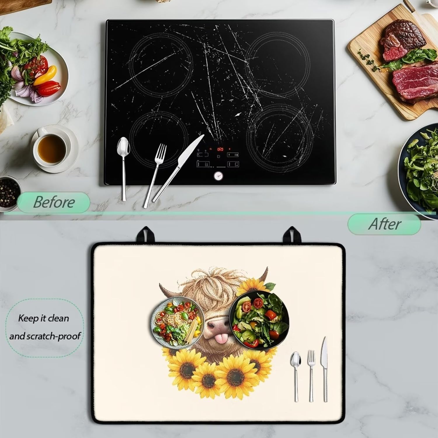Stove Top Cover for Glass Stove Multi-purpose Electric Stovetop Cover Cooktop Dust Cover Heat Resistant Mats for Countertop Glass Stove Washer Dryer Top, Sunflower Highland Cow Calf Beige