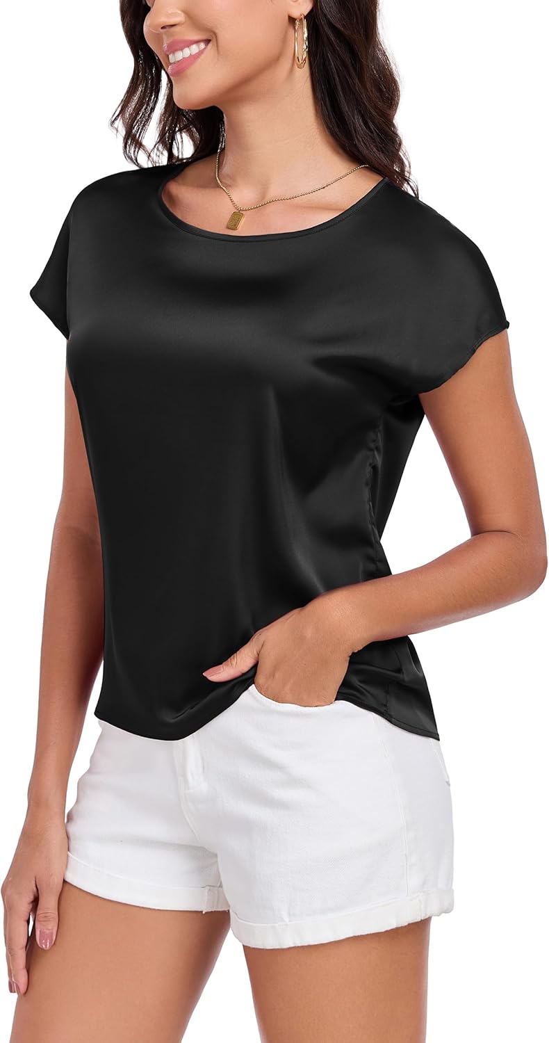Wantschun Womens Silk Satin Shirt Casual Cap Short Sleeve Blouse Basic Round Neck Work Tops - Image 2
