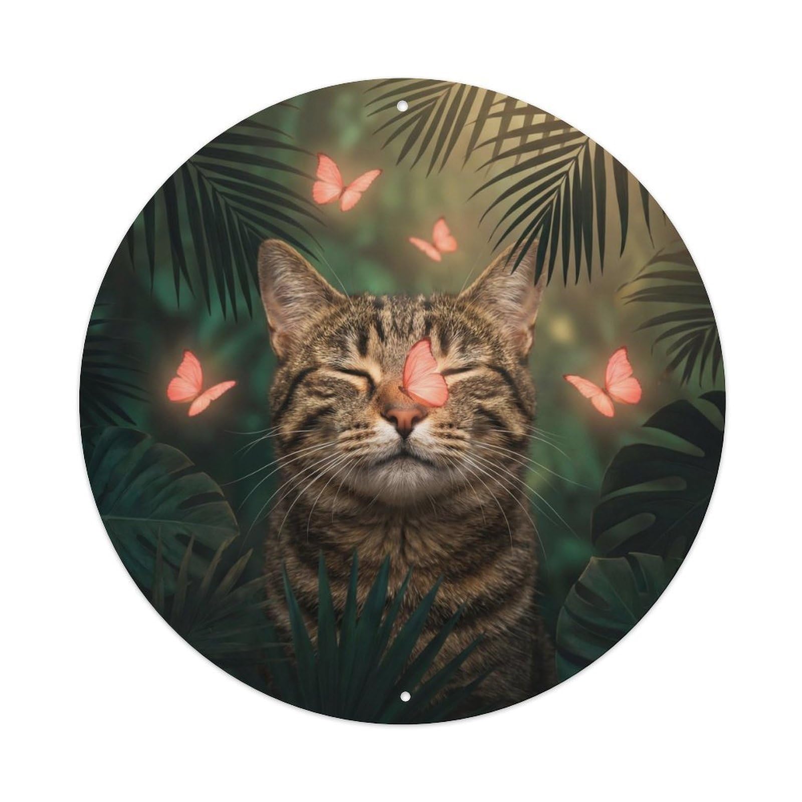 Tabby Cat Zen Pet Portrait Calm Jungle Nature Forest Cute Metal Tin Sign Plaque Wall Decor for Cafe, Man Cave, Club Bar, Office, Home Garden Round Metal Poster 8x8Inch