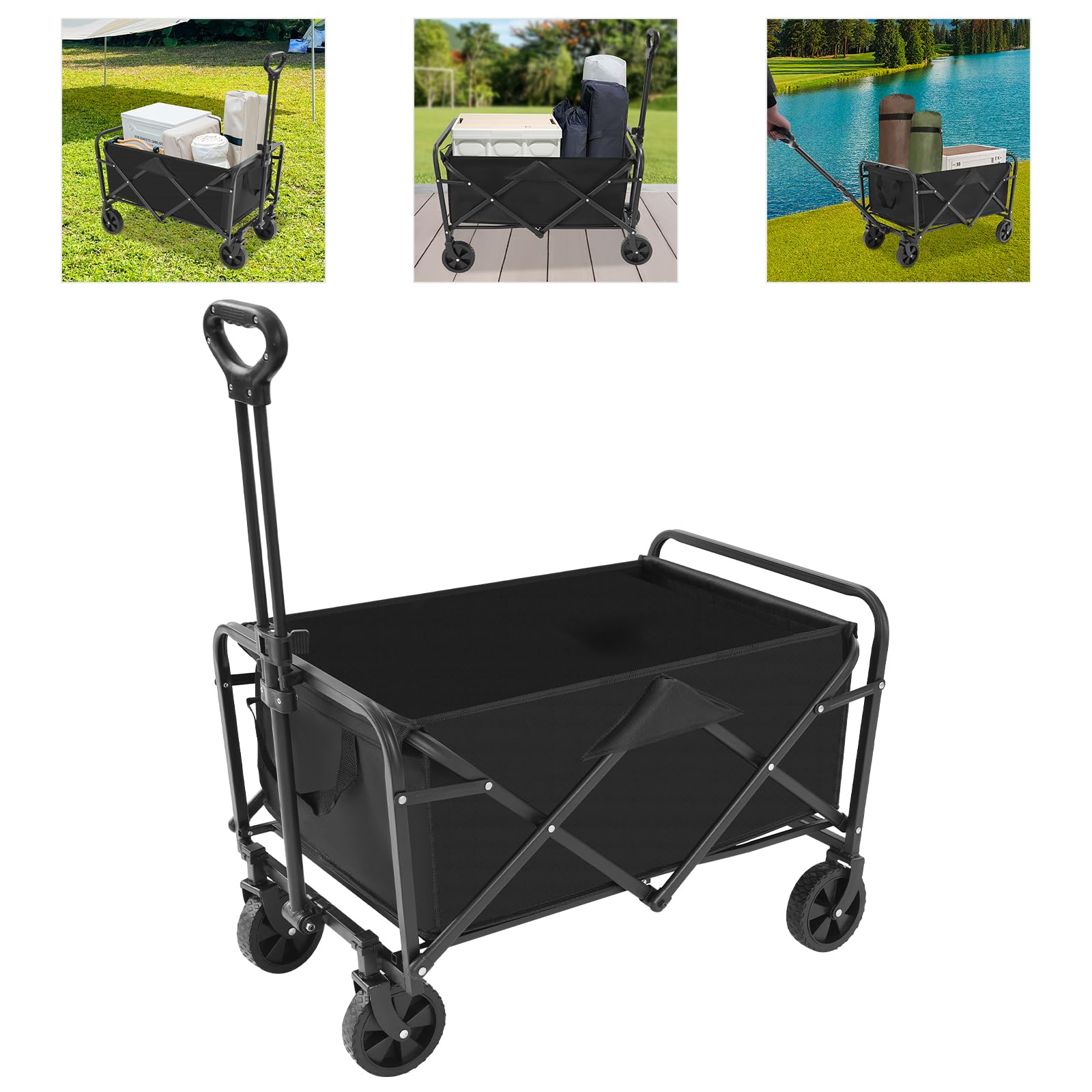Carro de mano plegable pequeño carrito de mano ruedas todoterreno con mango ajustable, antideslumbrante con protección UV, carrito de playa para playa, jardín, camping, compras