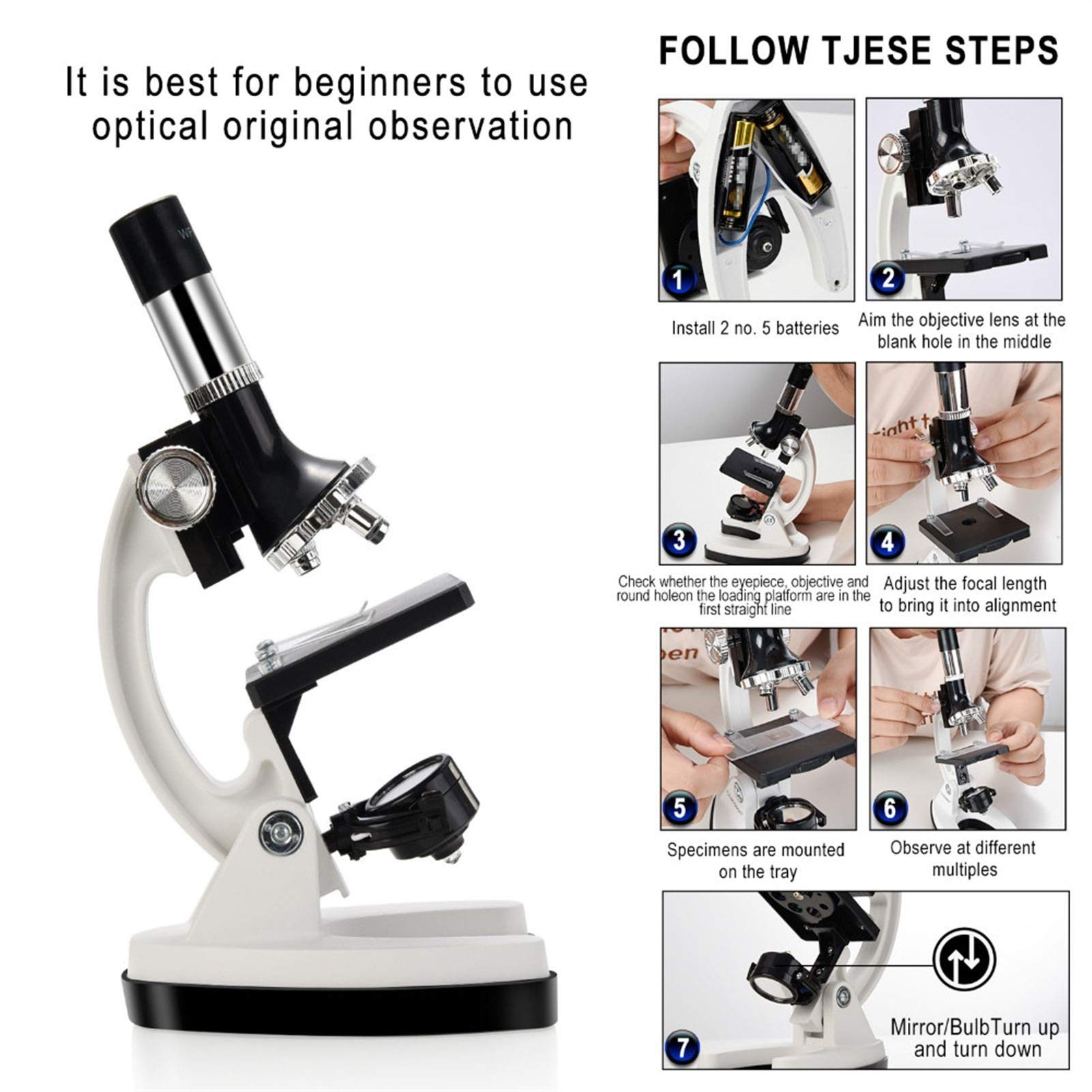 Mikroskop, Mikroskop biologiczny, Prezenty 100x-1200x-1200x dla dzieci Beginner Metal Ciało z uchwytem na telefon Plastikowe zjeżdżalnie