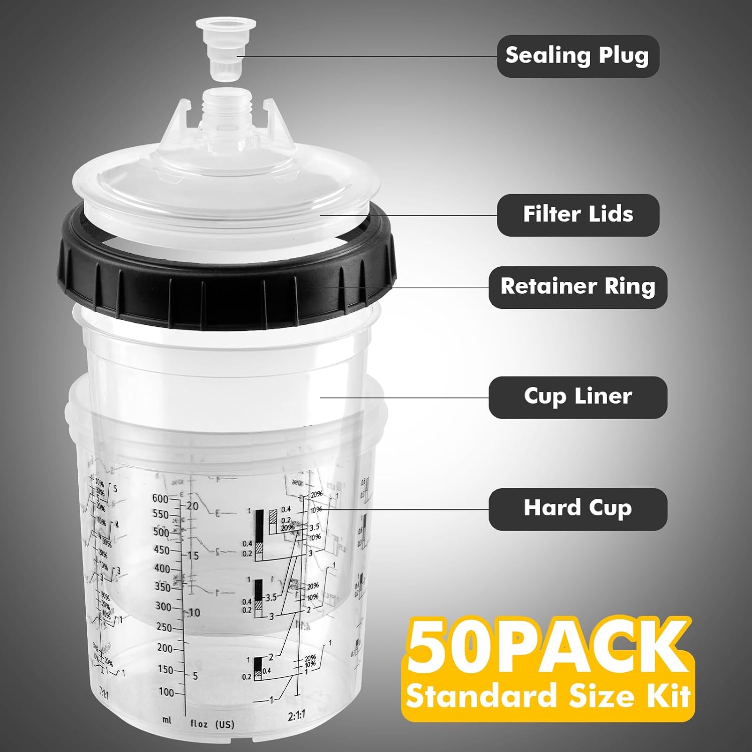 Disposable Paint Spray Gun Cups 20 Ounce(600ML)，50 Disposable Paint Cup with Lids, 1 Hard Cup with Retainer Ring, 20 Plugs & 1 Stirrer for HVLP/LVLP Guns