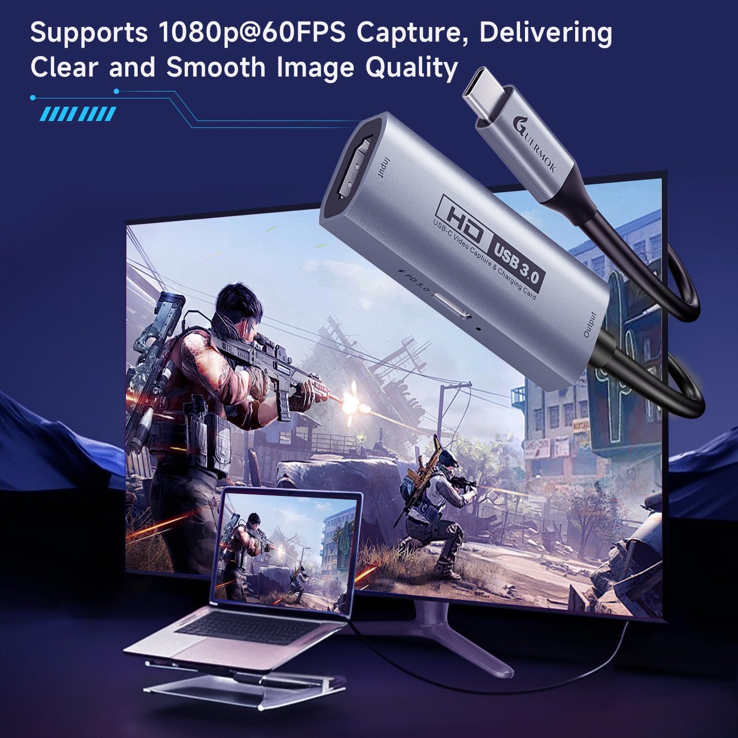 Guermok, Karta przechwytująca HDMI, 2K30FPS / 1080P60FPS, PD100W, streaming | Streaming, nagrywanie i granie z niskim opóźnieniem, Obsługuje konsole przenośne, Plug & Play bez sterowników, konsole domowe