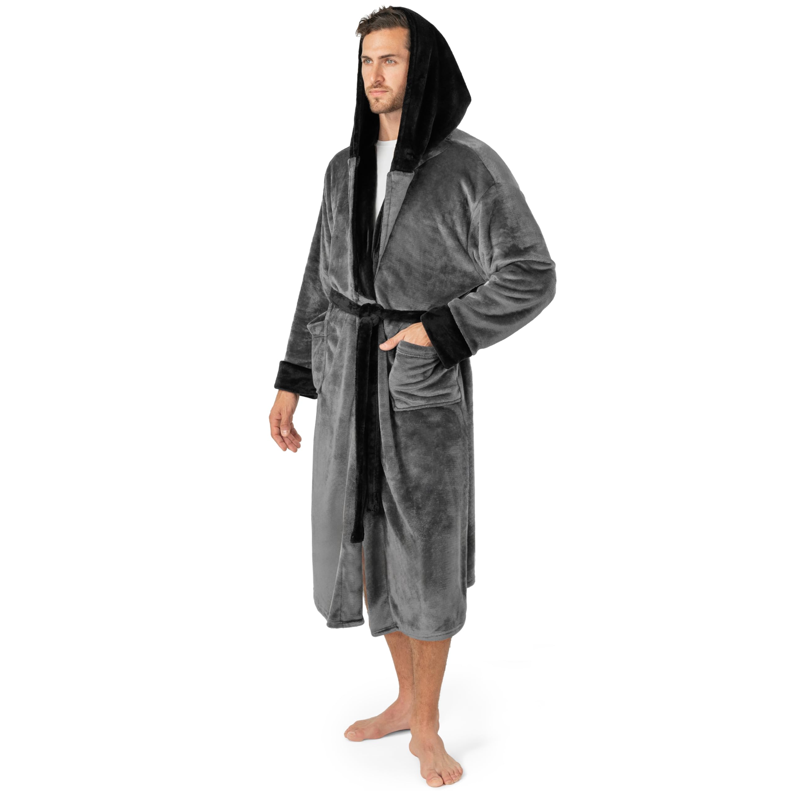 PAVILIA Mens Robe, Hooded Fleece Bathrobe for Men, Plush Long Warm Robe for Male Bath Spa