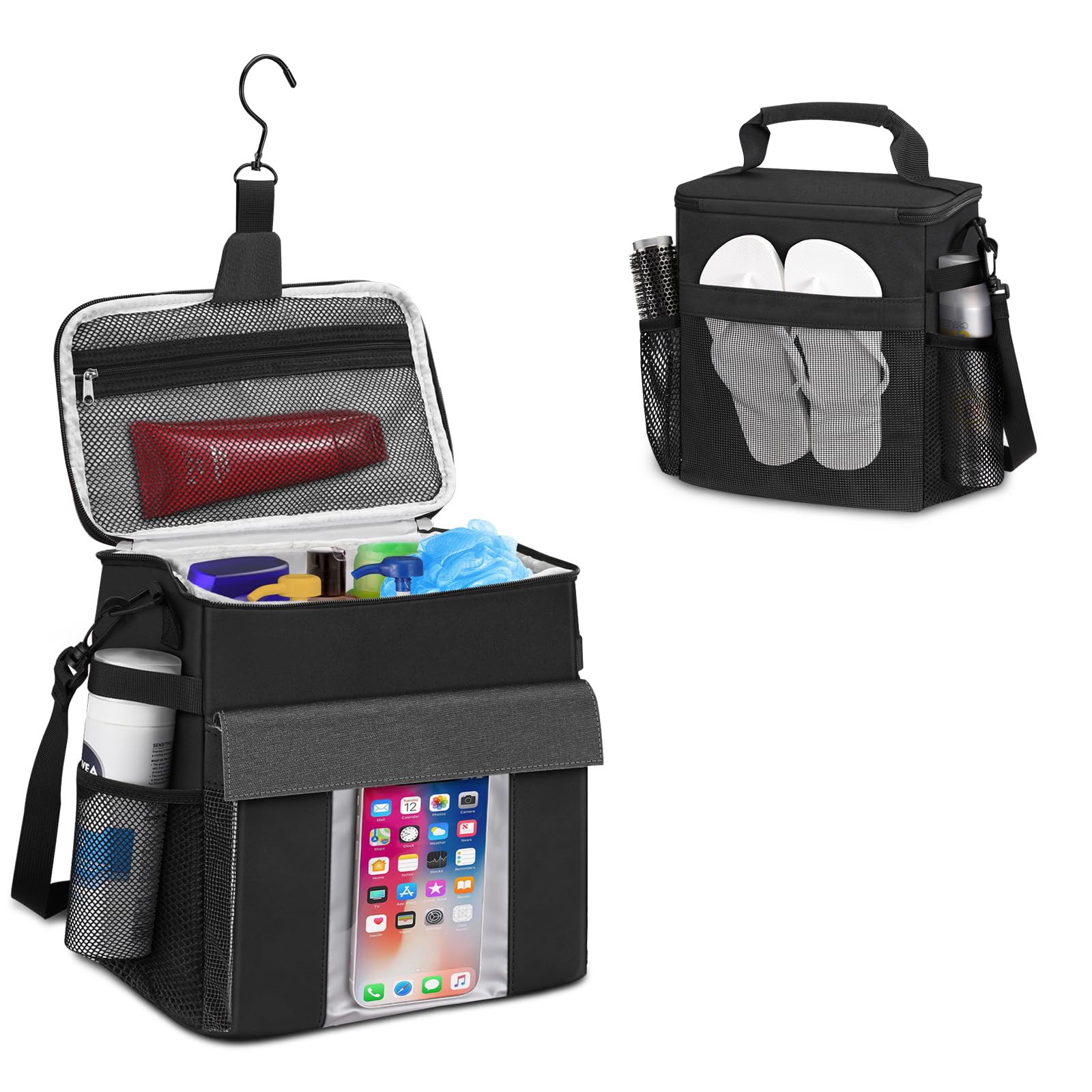 Bolsa de ducha grande y portátil para dormitorio universitario, gimnasio, natación, camping, viajes, organizador de ducha colgante de malla de secado rápido con compartimentos húmedos y