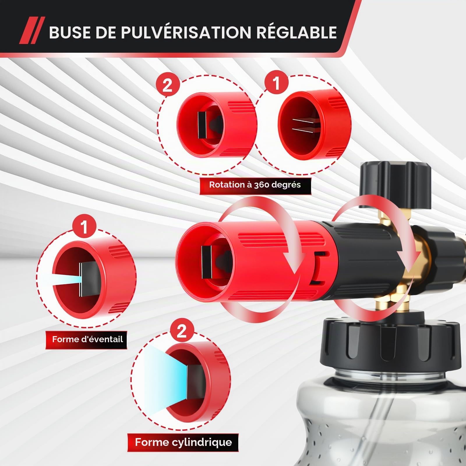 Pistolet de Nettoyage Haute Pression 5200 PSI avec Lance à Mousse 1L et 5 Buses pour Nettoyage de Voiture, Adaptateur Compatible Karcher