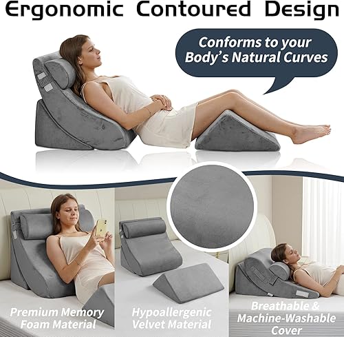 Miniatura 3 de Qirroboni Juego de 4 almohadas ortopédicas de cuña para cama almohadas ajustables para cuello espalda y piernas cómodo y espuma posoperatoria acidez