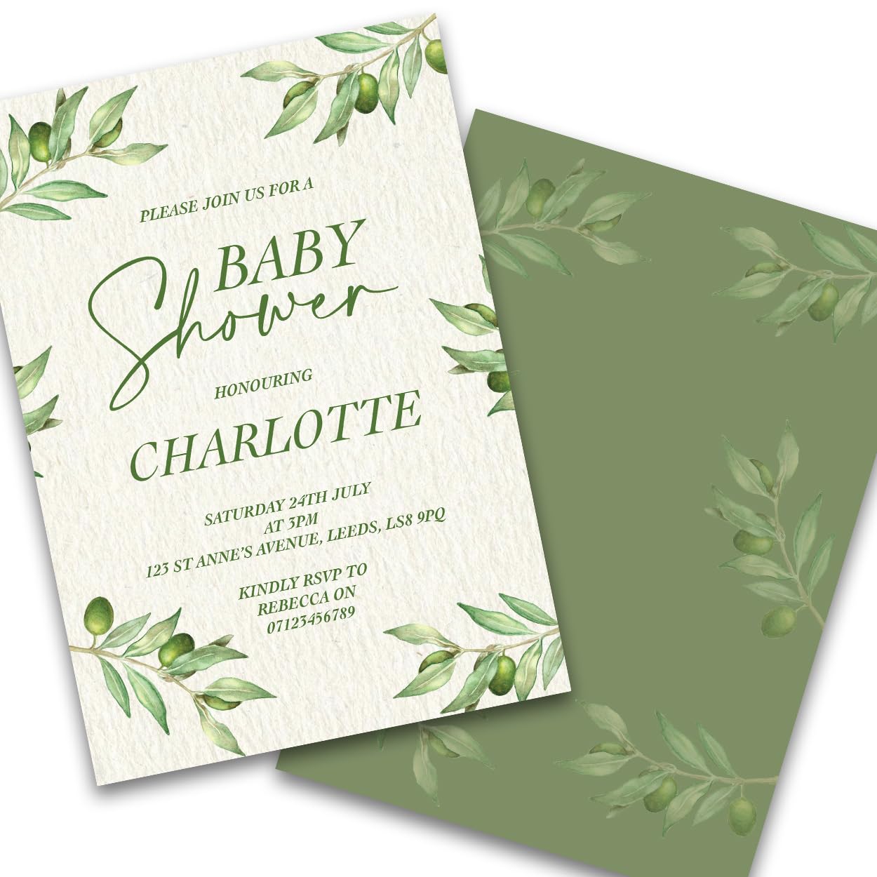 Paper Themes Personalised Baby Shower Party Invitations (Olive Branch 24pk)
