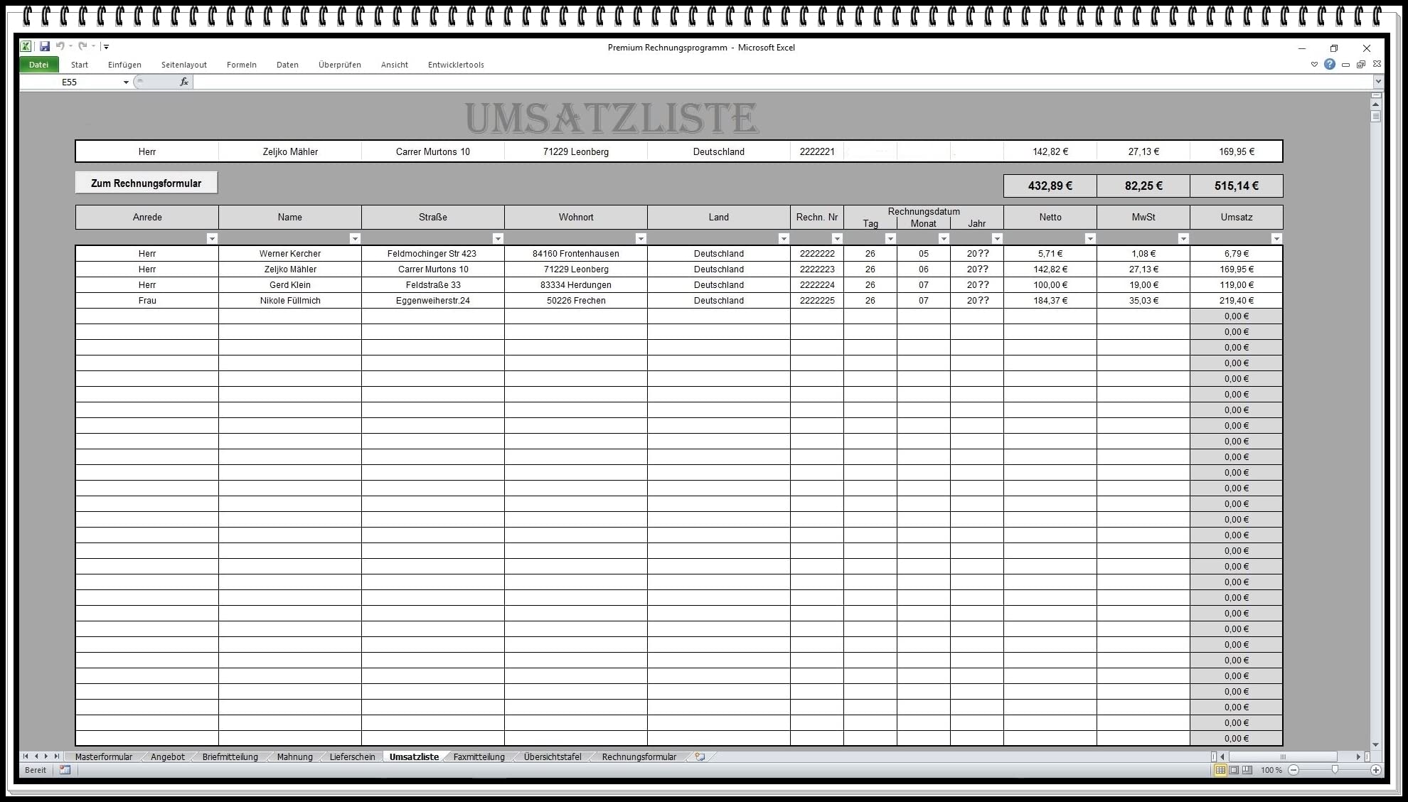 Excel Rechnungsprogramm Kundenverwaltungssoftware mit Rechnung, Angebot & Lieferschein – CRM System mit PDF & E-Mail Funktion | Ohne Abo