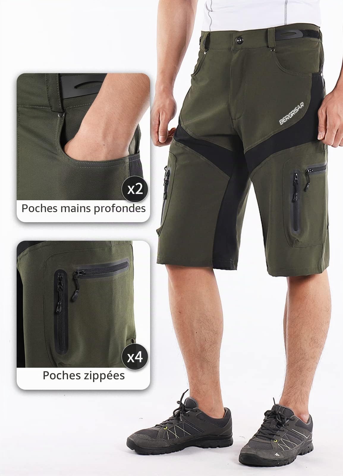 BERGRISAR Short de cyclisme pour homme avec poches zippées 1806BG