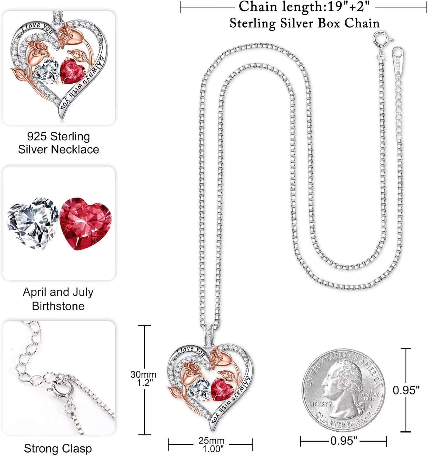 Iefil Rose Heart Necklace for Women - 925 Sterling Silver Rose Heart Birthstone Necklace Birthday Anniversary Jewelry Gifts for Her Wife Mom Daughter - Image 3