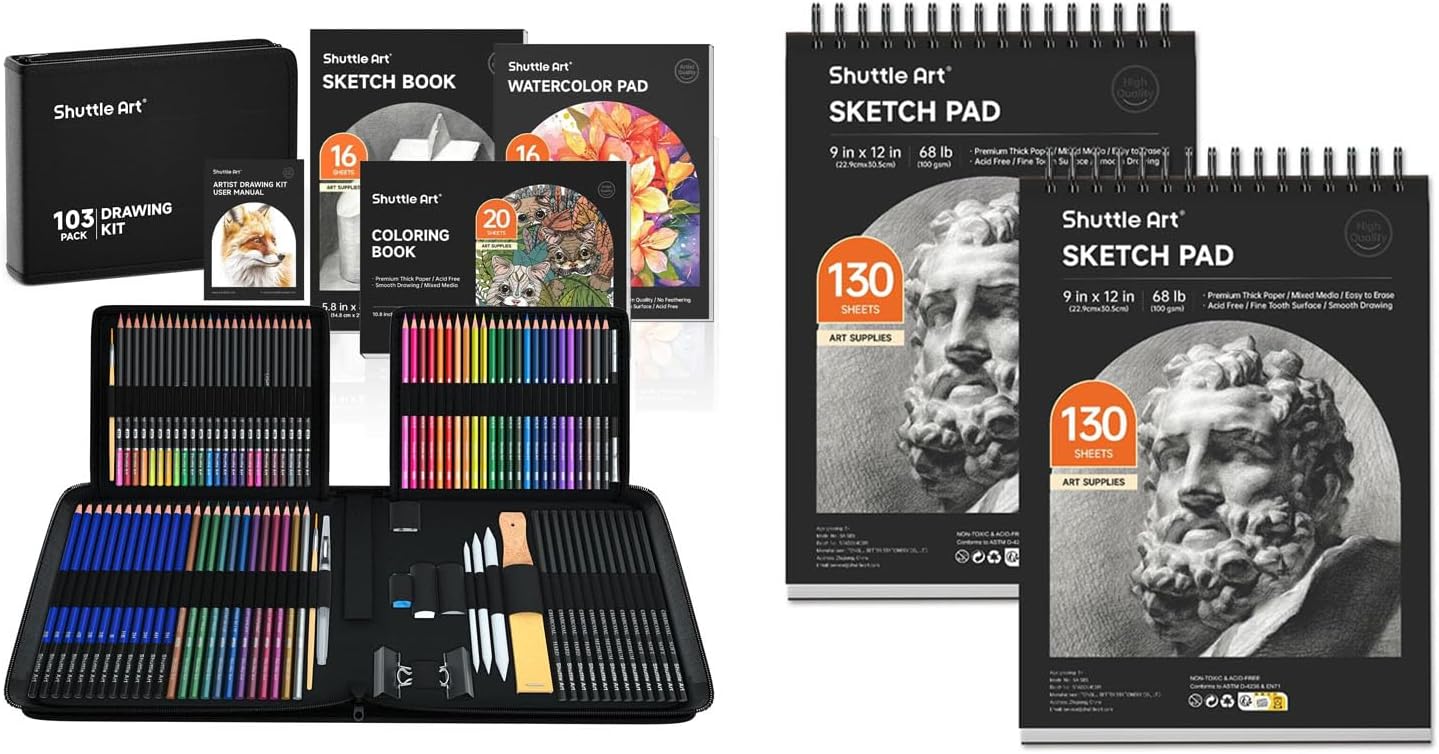 Shuttle Art Drawing Kit and Sketch Pad Bundle, Set of 103 Pack Drawing Kit +260 Sheets Sketch Pad