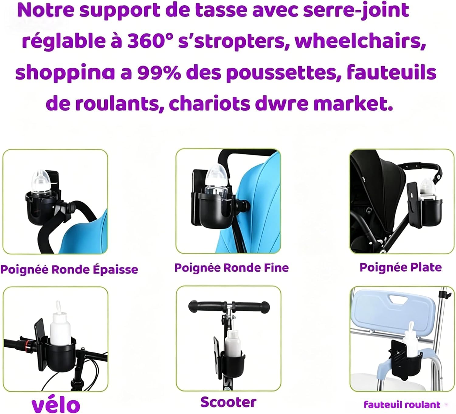Porte Gobelet Poussette, Universel Accessoire Poussette pour Cybex Yoyo, Porte Gobelet pour Fauteuil Roulant, Vélo, Deambulateur, Trottinette électriqu, Bébé Organisateur Poussette