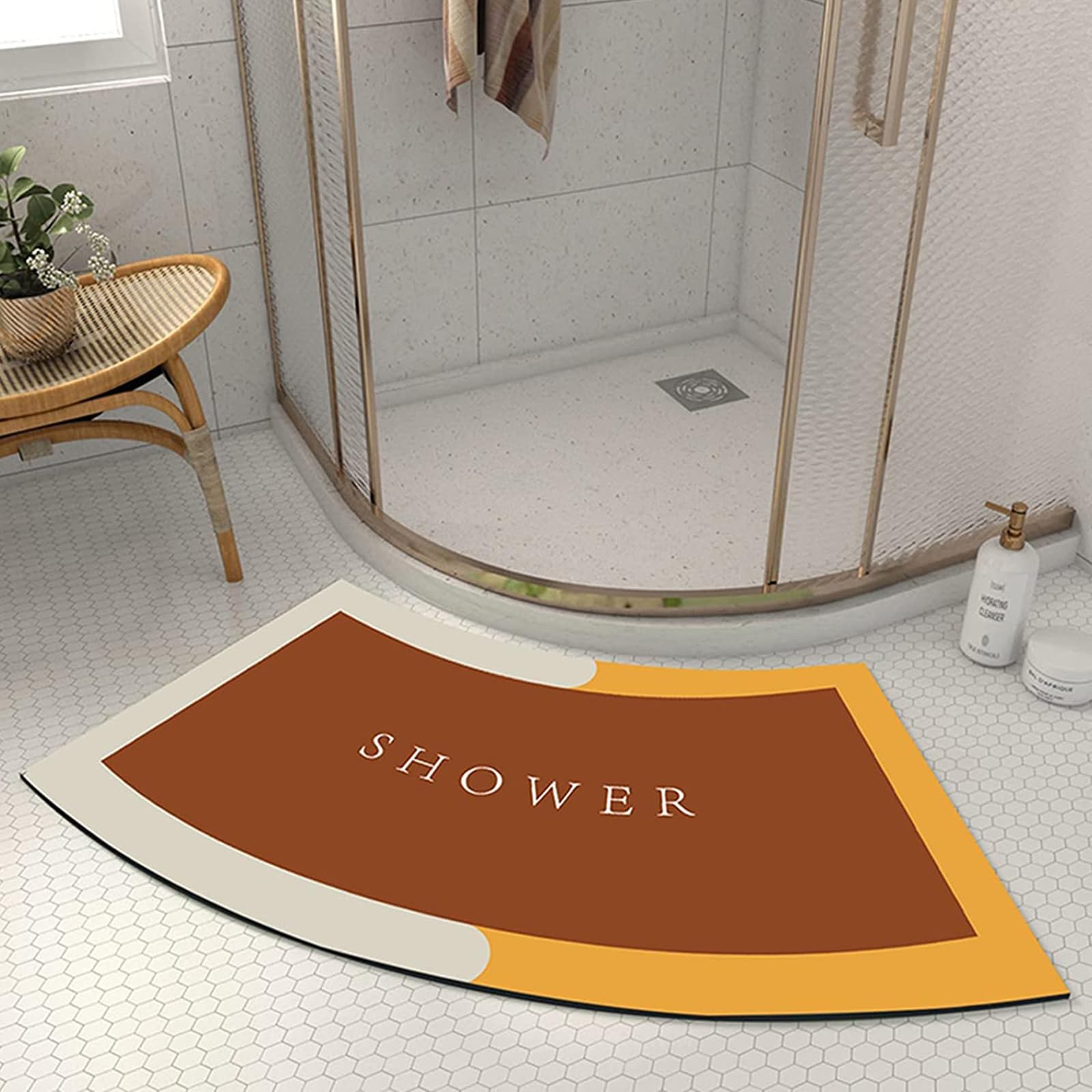 UVCMDUI Curved Shower Mat Outside Shower, Super Absorbent Floor Mat Quick Drying Diatomaceous Curved Bath Mat, Non Slip Quadrant Shower Mat for Home Hotel,Yellow,45x100CM(17.7x39.4IN)