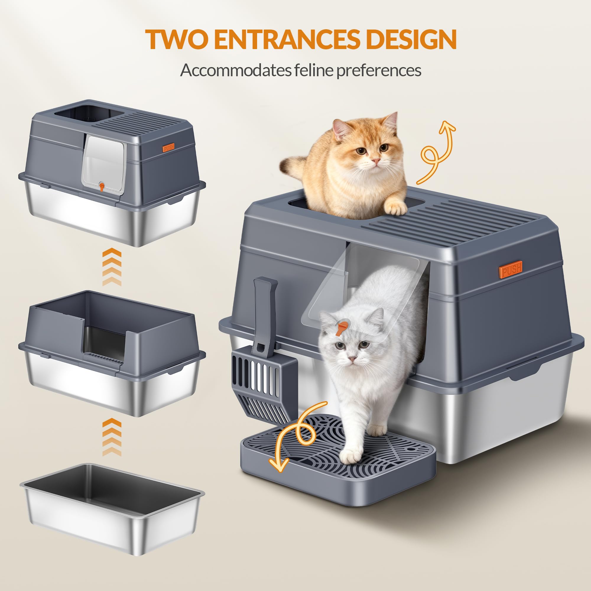Bandeja De Arena para Gatos De Acero Inoxidable con Tapa, Arenero Metálico XXL, Bandeja De Arena Cerrada Extraíble con Doble Entrada, Pedal Y Pala, Control De Olores 60x40x38cm Dark Grey Large