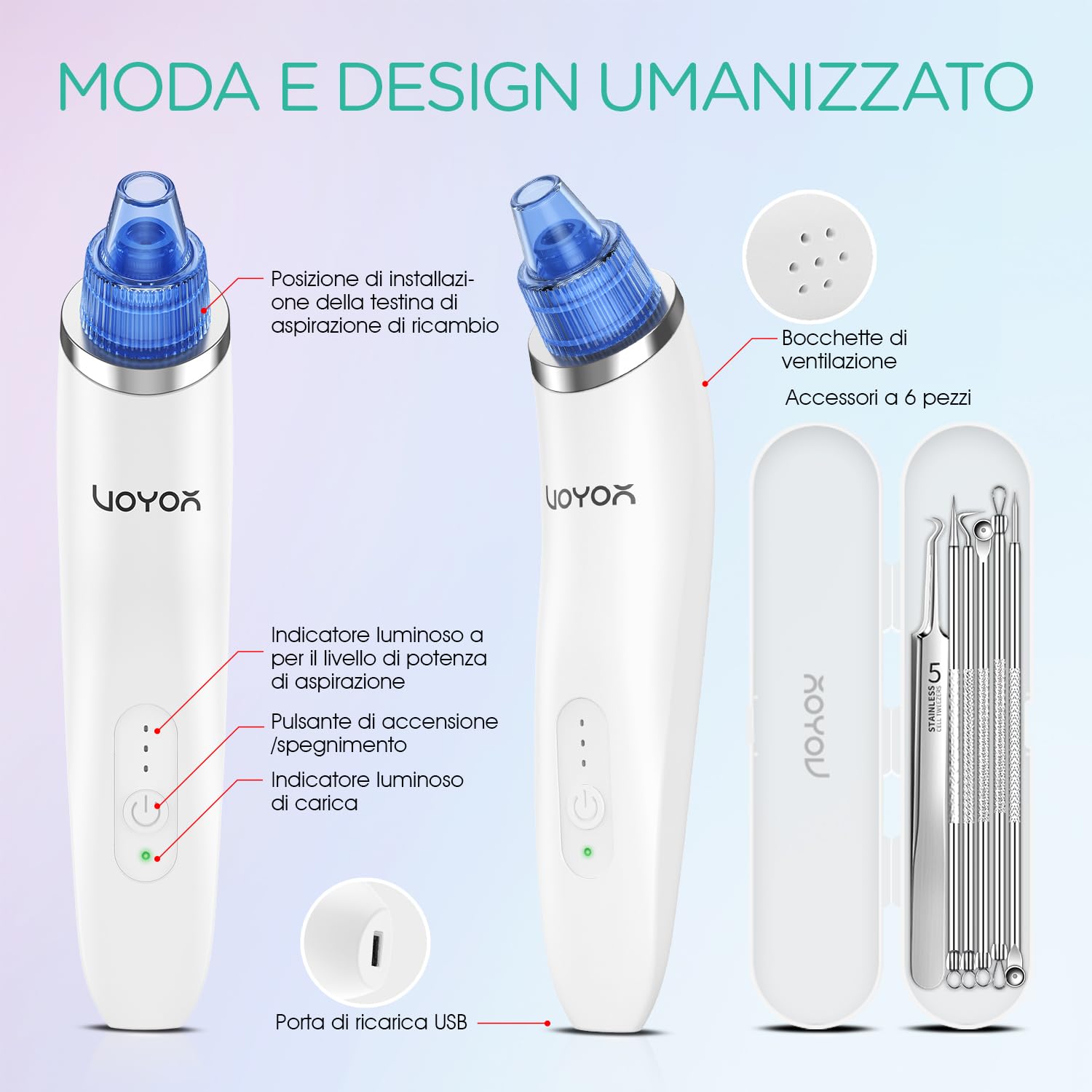 VOYOR Aspiratore Punti Neri 6-In-1 Aspira Rimozione di Elettrico Comedone Estrattore Pulizia Viso Tramite Ricaricabile per Uomini e Donne BR410