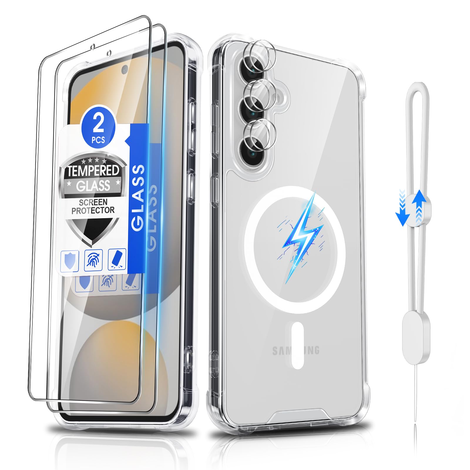 Dizn for Samsung Galaxy S24 FE Phone Crystal Case: [Not Fit S24/S24+],2 Tempered Glass &amp; 2 Camera Lens Protector,[Antil-Yellow], Compatible with Magsafe,with Strap,Shockproof Magnetic Case S24FE,Clear