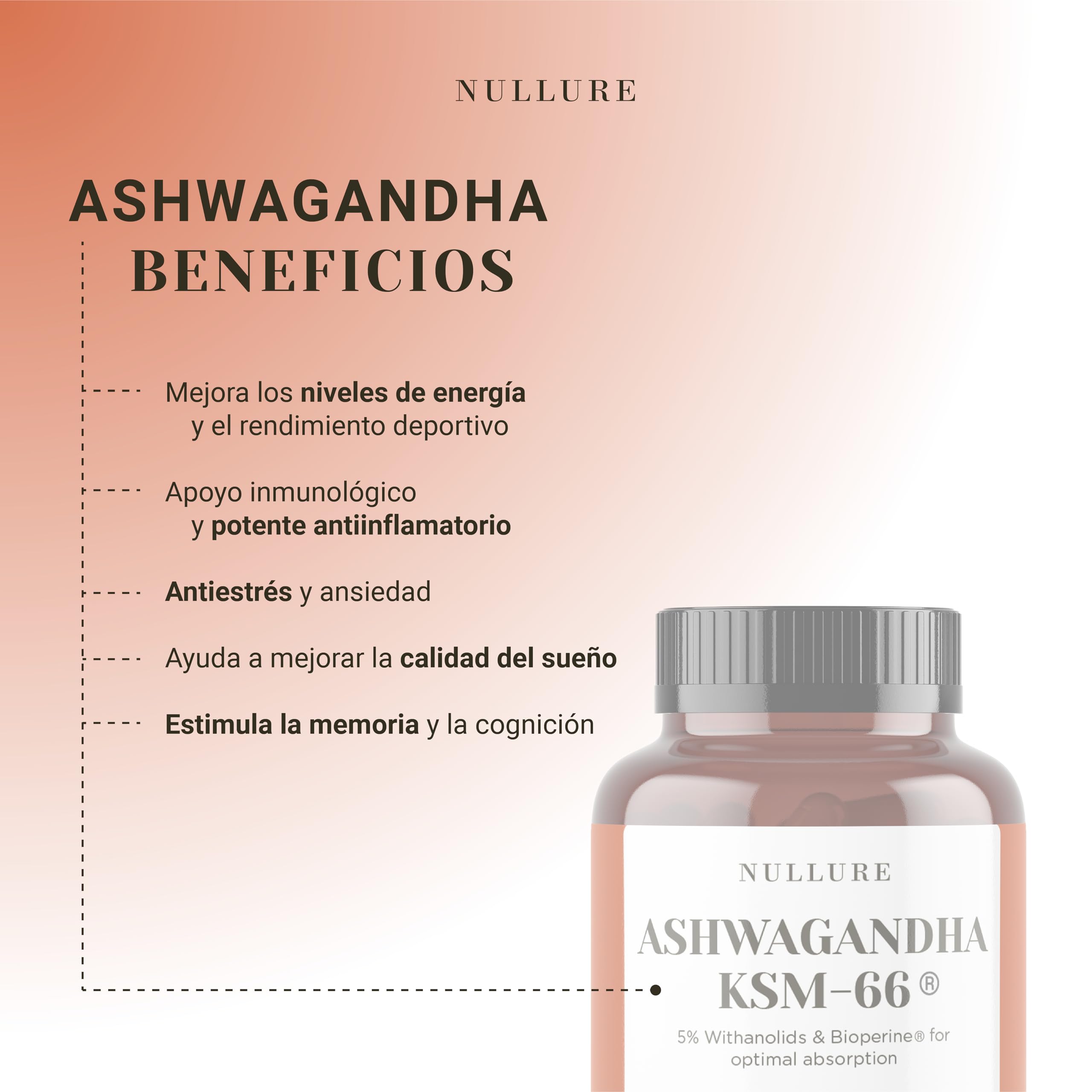 Nullure Ashwagandha KSM-66 Orgánica + Bioperine | Vegana | 600mg | Antiestrés (Cortisol) · Equilibrio Emocional · Resistencia | Ashwagandha Ecológica | 5% Withanolides | 120 caps. (2 meses)