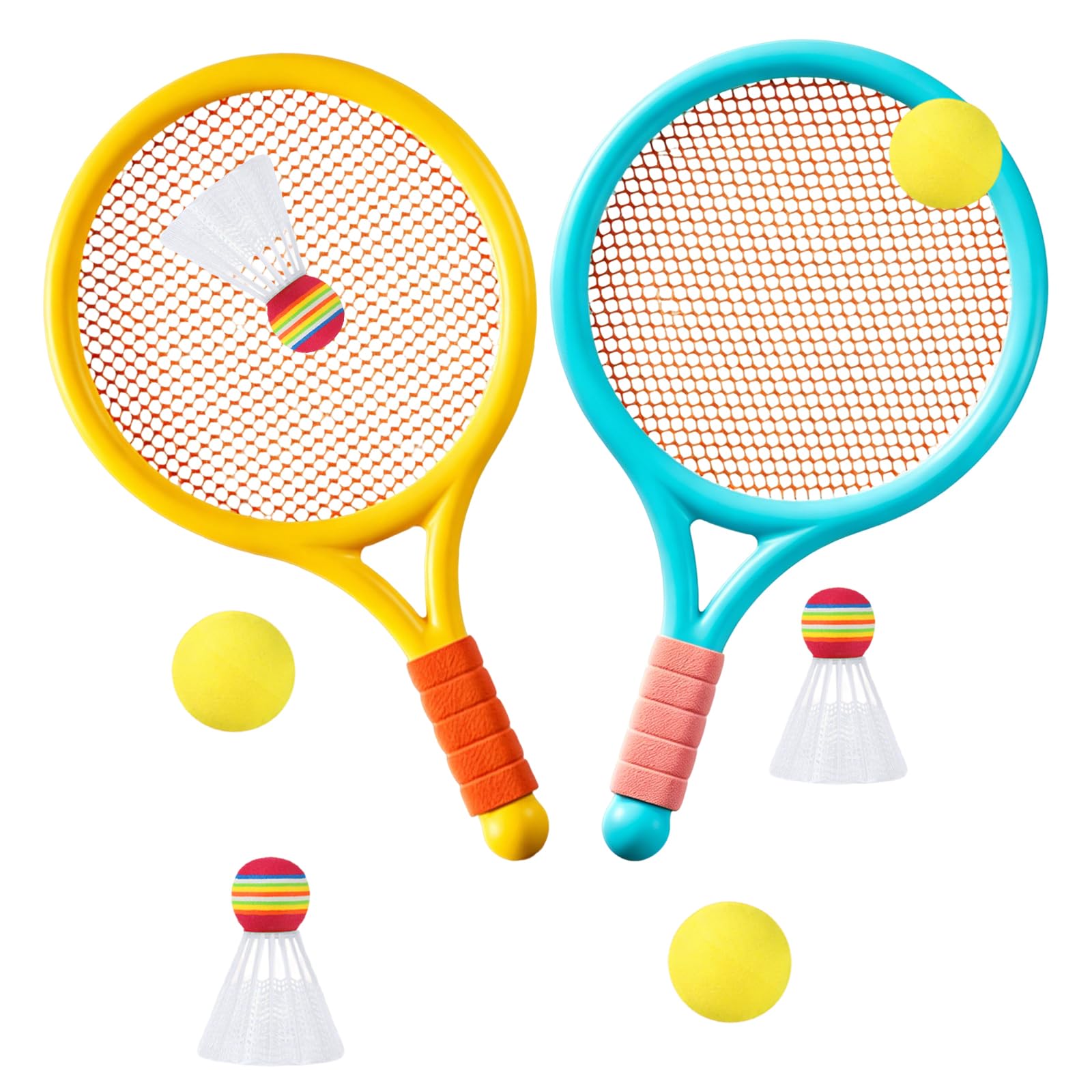 Kids Tennis Rackets Set, 2 Plastic Tennis Rackets and 3 Shuttlecocks and 3 Tennis Balls, Kids Tennis Set for Children Indoor Outdoor Sports Games，Good Companion for Company (Blue-yellow) — image 1