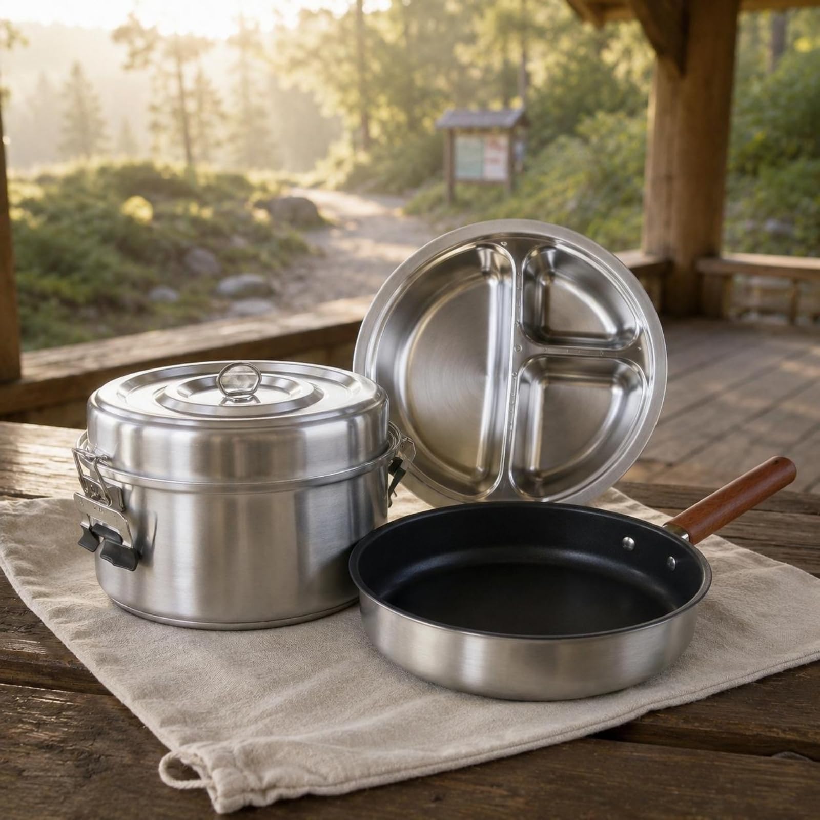 3 Pieces Set Pentole Campeggio Manici Laterali Set da Cucina da Campeggio Finitura Finitura Lucidata Argento Attrezzatura Outdoor