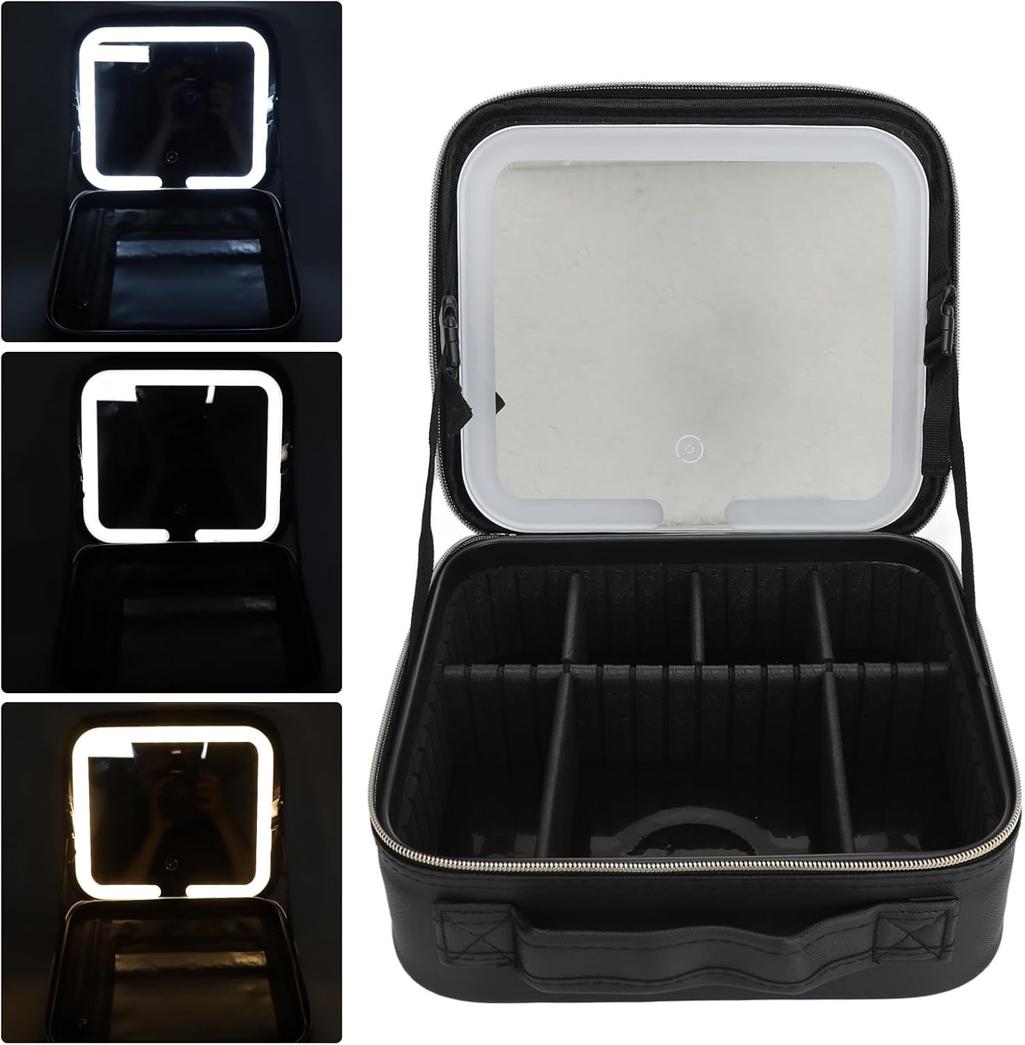 Luqeeg Makeup Case with Mirror and Light, Professional Travel Makeup Bag Cosmetic Artist Organizer Makeup Train Case with 6 Dividers for Travel, 3 Light Colors and Dimmable