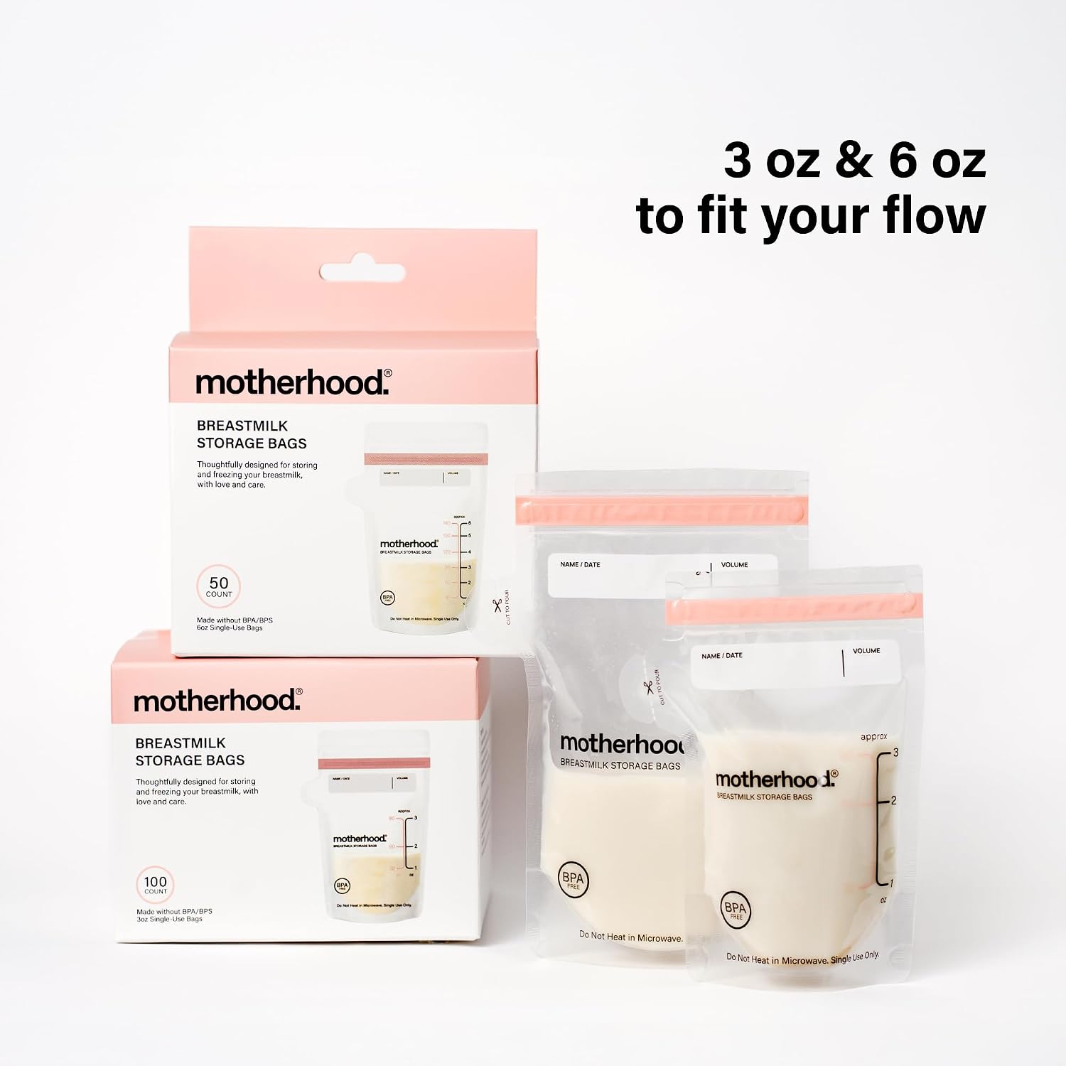 Motherhood Collection Breastmilk Storage Bags – Leak Proof Breast Milk Freezer Bags, Pre-Sterilized & BPA Free, Dual Sizes 3 oz & 6 oz, Self-Standing & Flat Lay, 50 or 100 Count