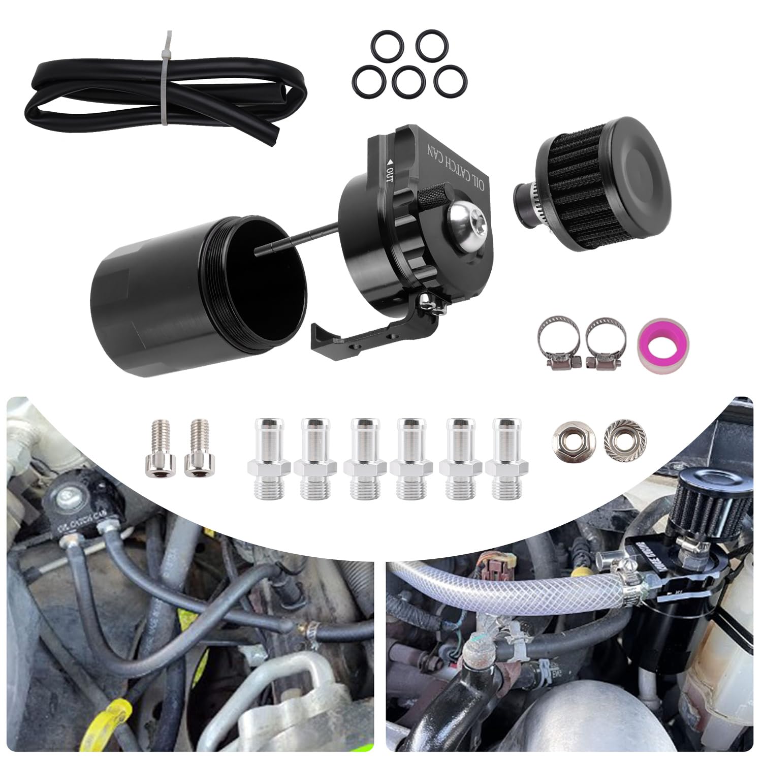 IHOTDER Kit per la raccolta dell'olio per auto, in lega di alluminio, 300 ml, separatore per aria, con filtro di sfiato, tubo flessibile, raccordi per tubi, serbatoio dell'olio sbattuto universale
