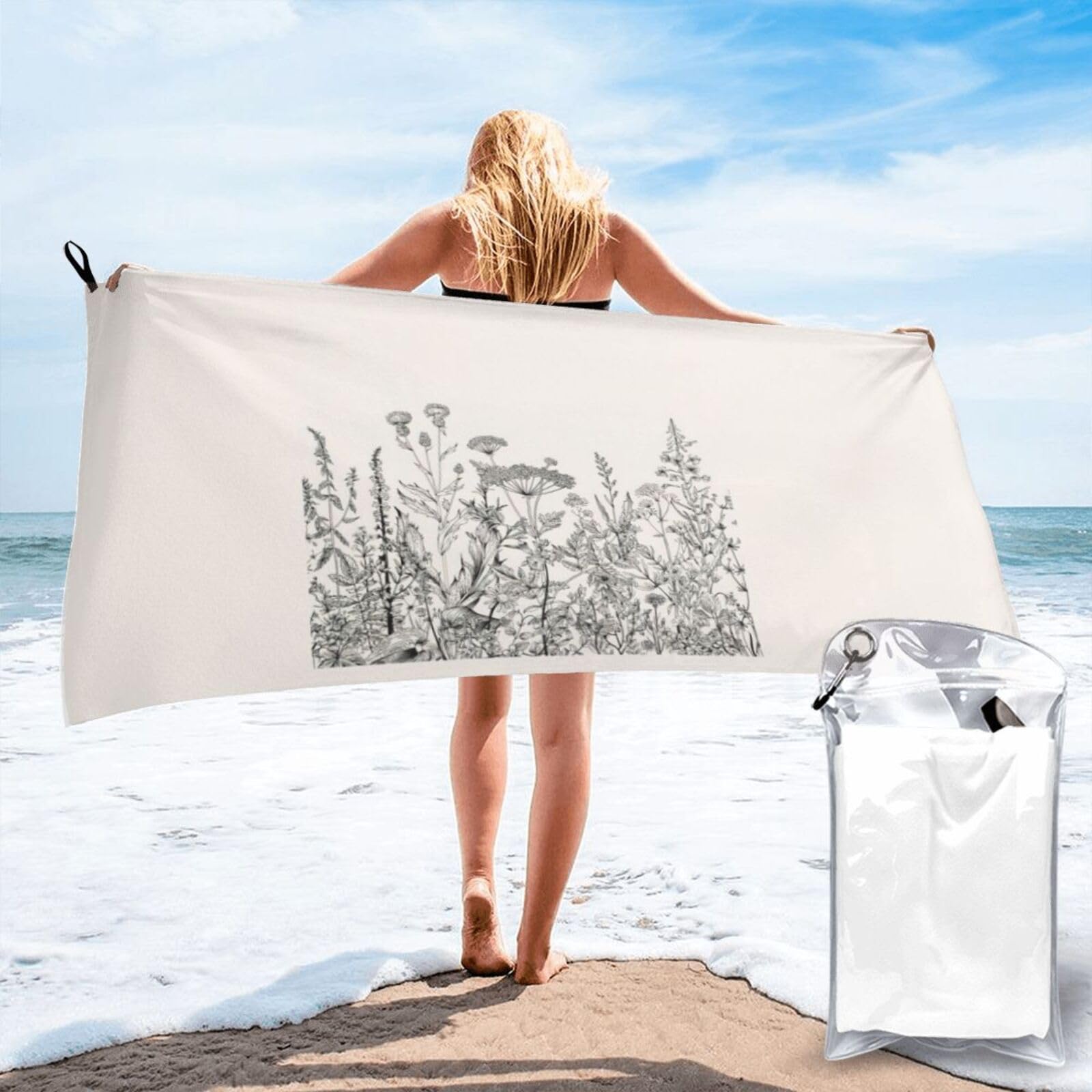 Nimongt Men's White Floral Herbs Botanical Engraving Print Adult Towel Travel Gym Beach Hiking Yoga Camping Lightweight Quick Dry Versatile