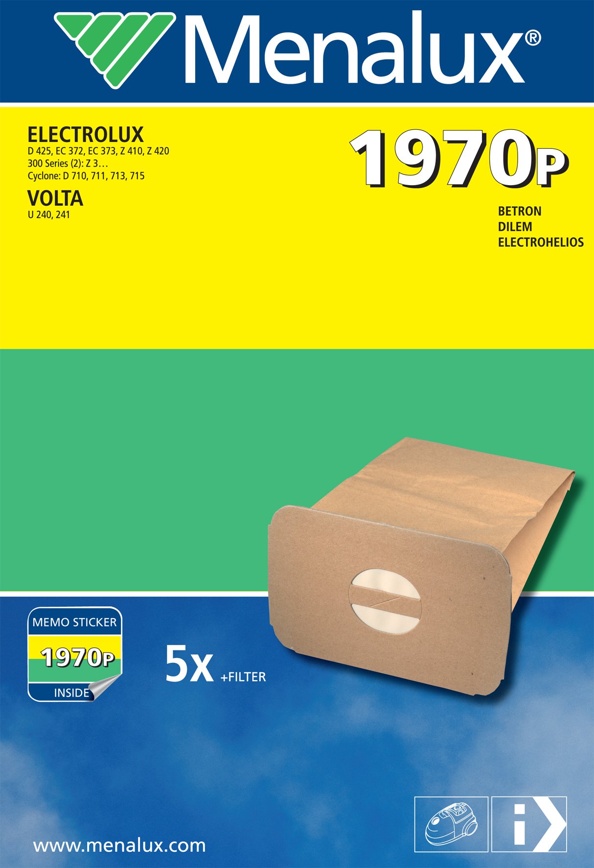 Menalux 1970 P 5 x Vacuum Cleaner Bags for Electrolux