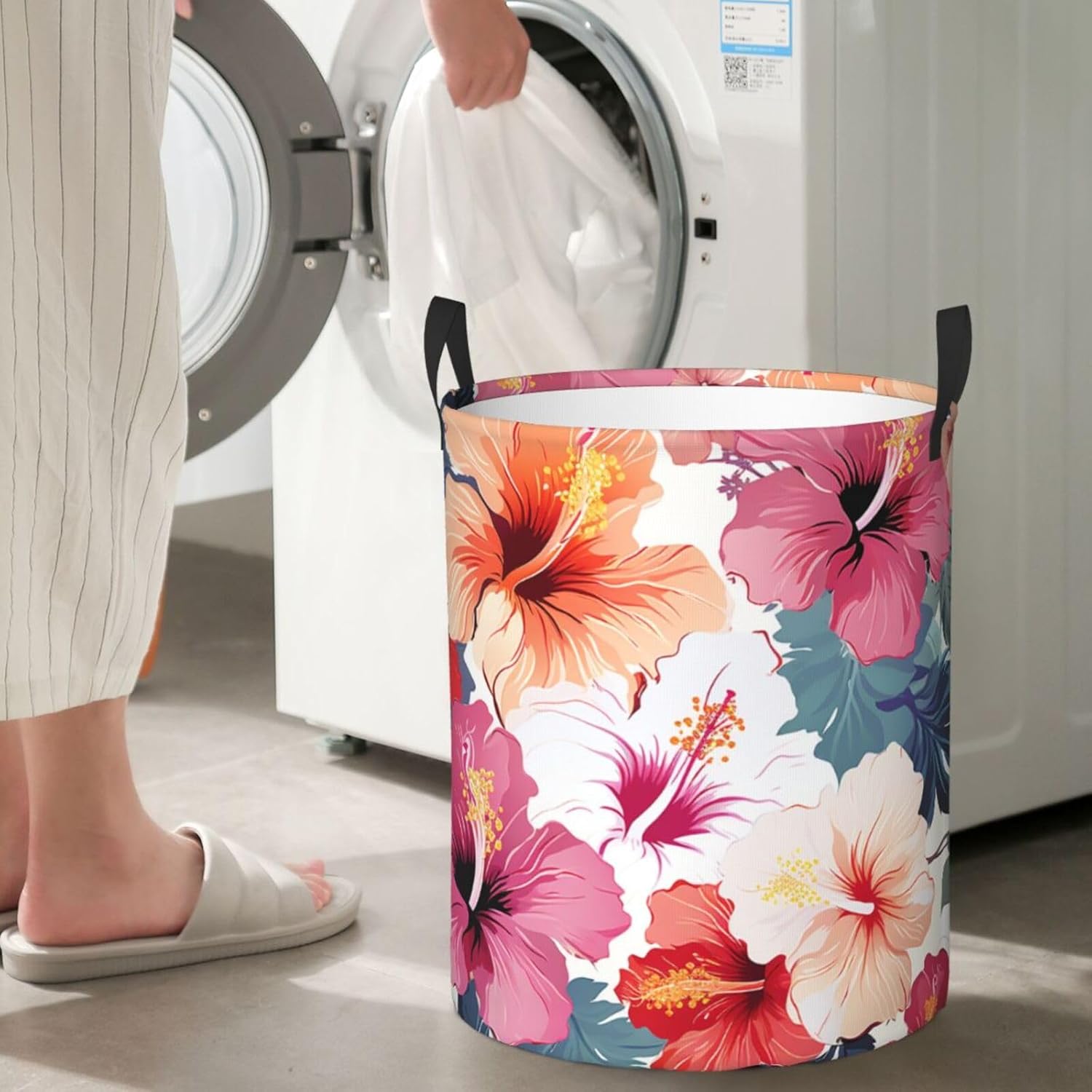 Hawaiian flower print Laundry Basket With Handles, Foldable Laundry Hamper Oxford Cloth Dirty Clothes Basket Waterproof Clothes Toys Storage Bin Organizer for Bedroom Bathroom Dorm