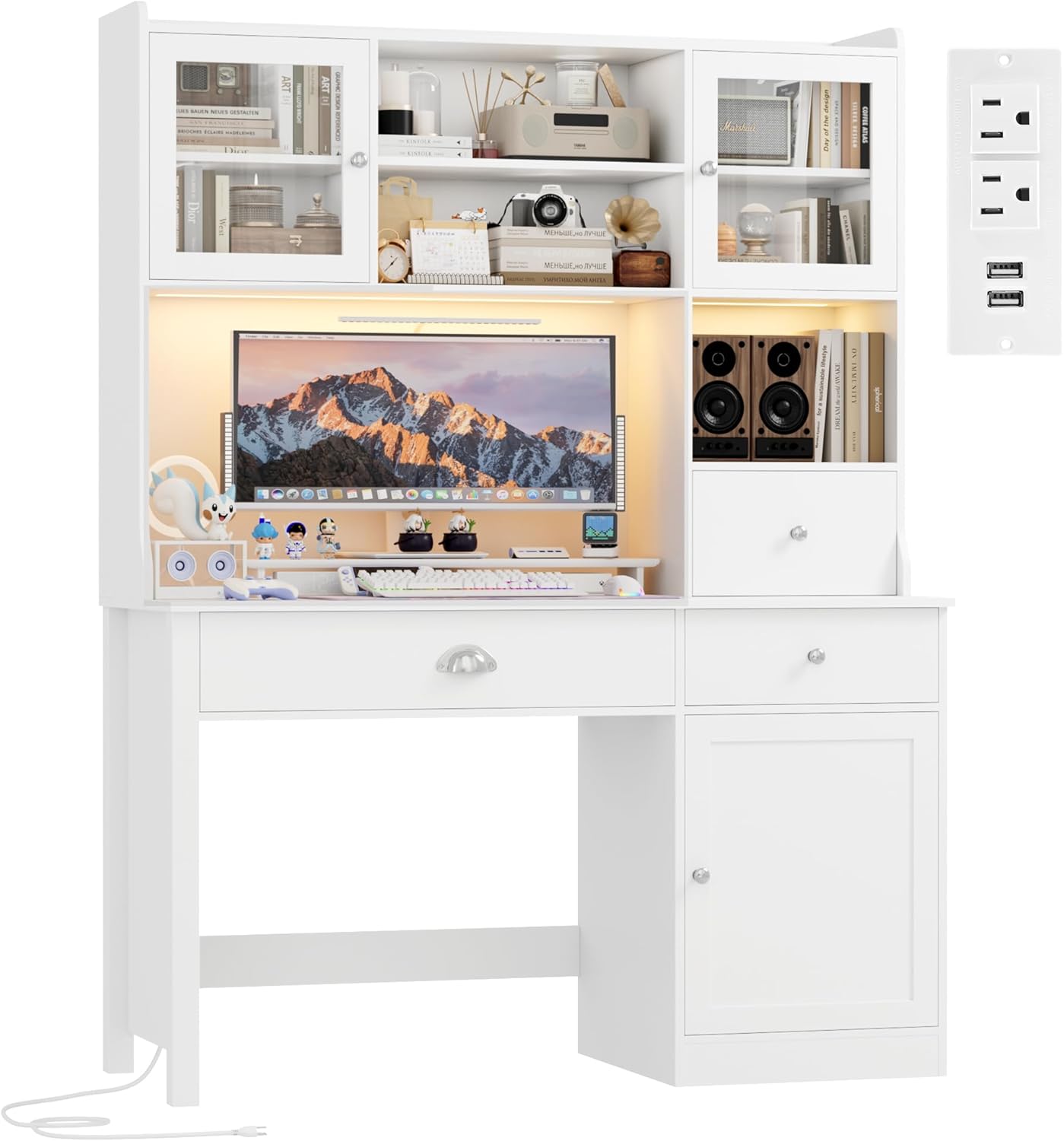 FACBOTALL Computer Desk with Hutch and RGB Lights, 65" Office Desk with Power Outlet, Makeup Vanity with 3 Doors & 3 Drawers, White Executive Desks for Home, Work and Study